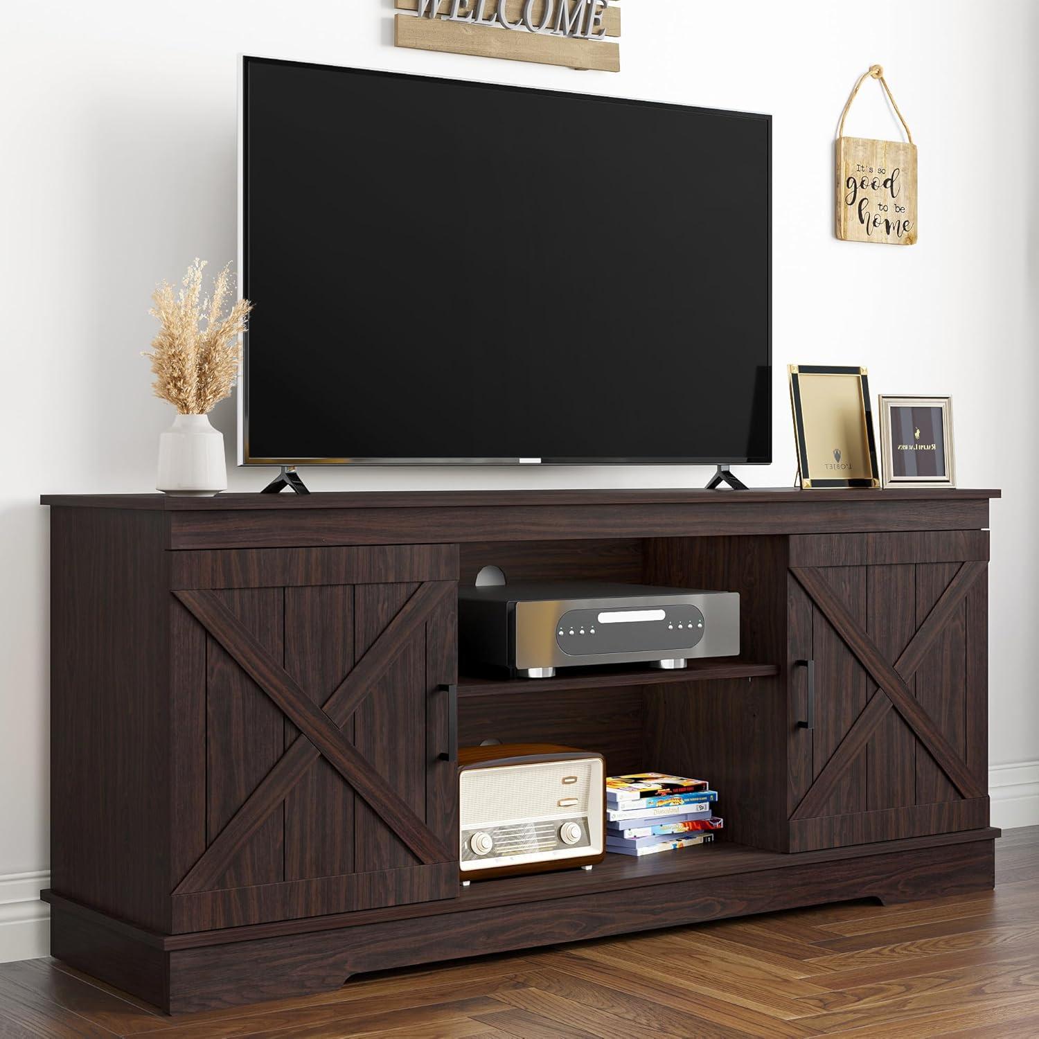 YITAHOME Entertainment Center for 65 Inch TV, Farmhouse TV Stand with Double Barn Doors and Storage Cabinets, Rustic Media Console Table TV Cabinet for Living Room, 59 Inches, Espresso