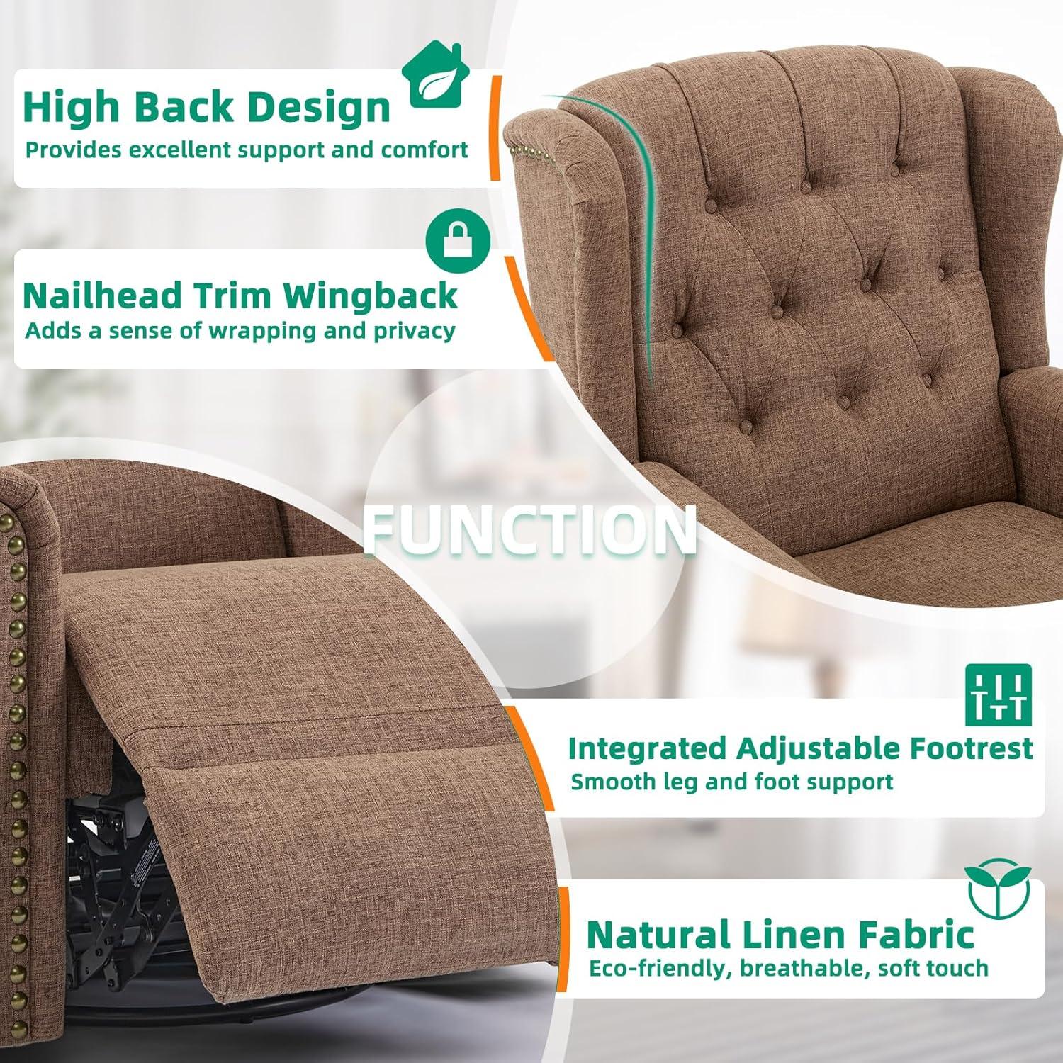 MEETWARM Meetwarm Power Swivel Rocking Glider Recliner Chair With Heat And Vibration, Electric Rocker Nursery Reclining Chair, Wingback Tufted Upholstered Recliner For Living Room, Type-C & Usb Ports