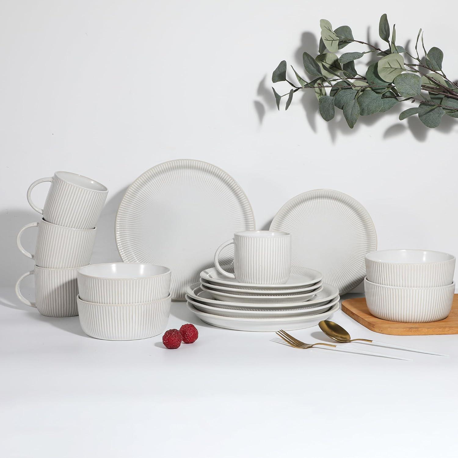 White Ceramic 16-Piece Embossed Dinnerware Set for 4