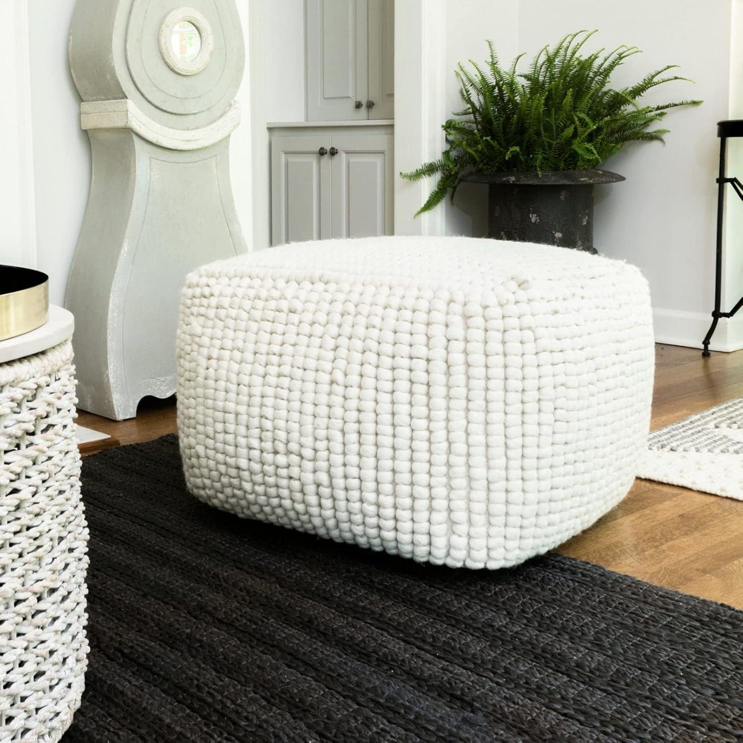 Storied Home New Zealand Pouf Natural: 18" Square Upholstered Ottoman, Wool & Cotton Blend, No Assembly Required