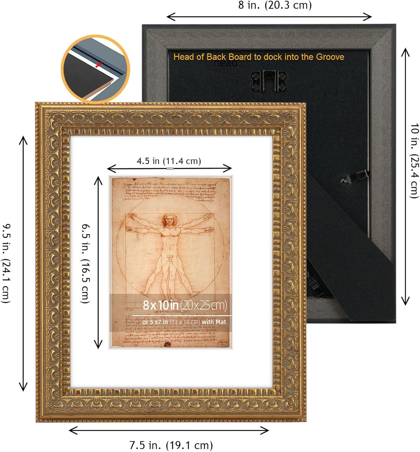 8x10 in Antique Gold Ornate Classic Picture Frame, Matted for 5x7 Photos, Real Glass Protection, Tabletop or Wall Mounting Display