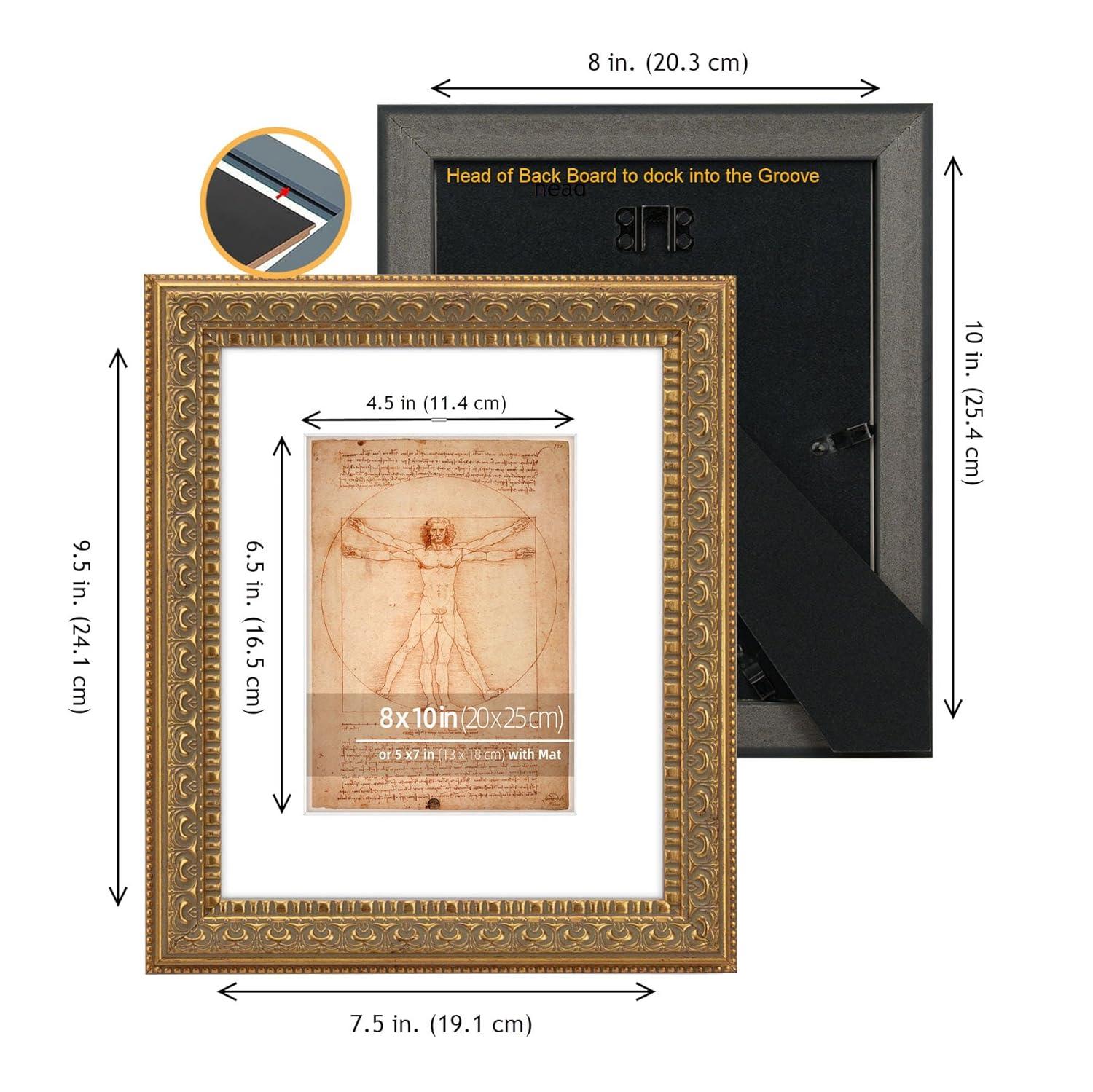 8x10 in Antique Gold Ornate Classic Picture Frame, Matted for 5x7 Photos, Real Glass Protection, Tabletop or Wall Mounting Display