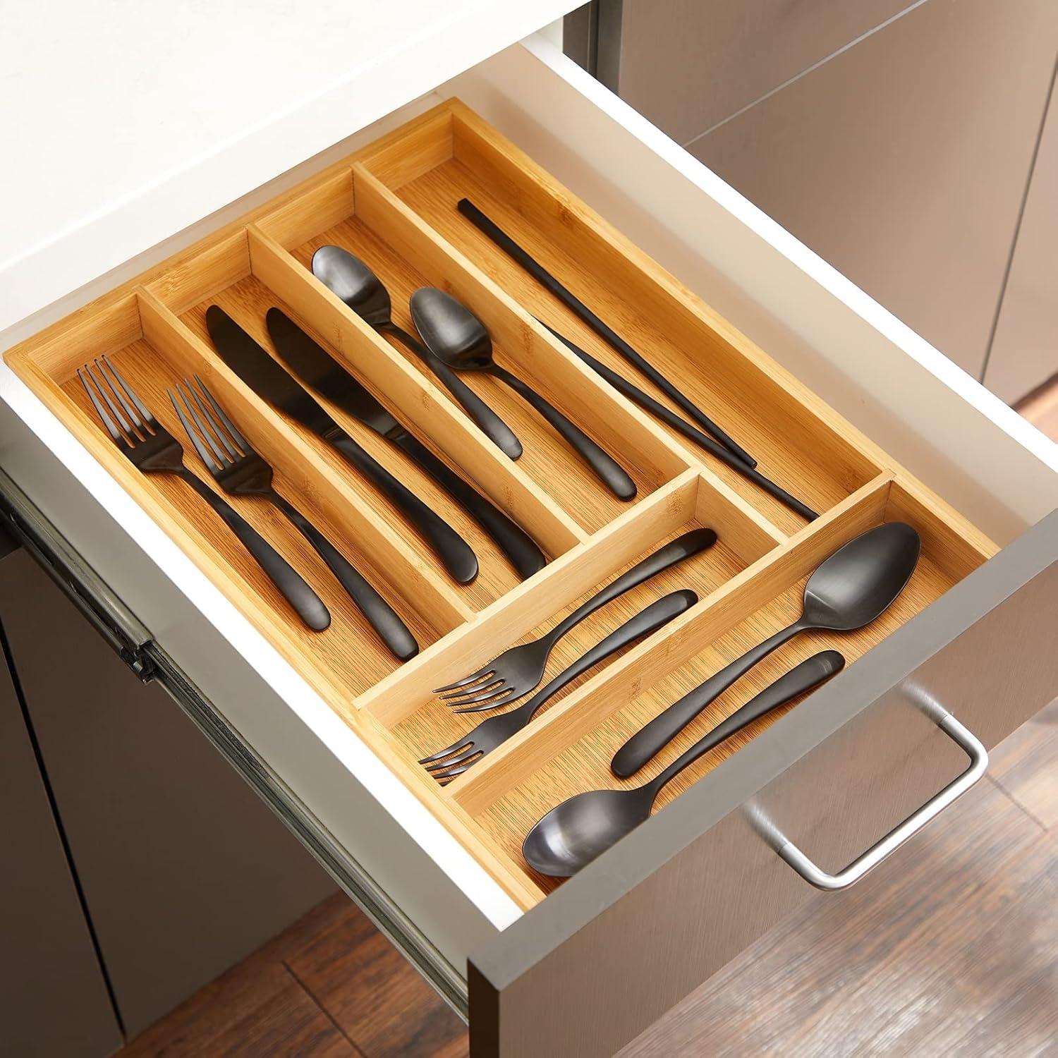 Bamboo Silverware Organizer for Drawer, Kitchen, 6 Slot Utensil Tray (17 x 11.75 x 1.75 In)