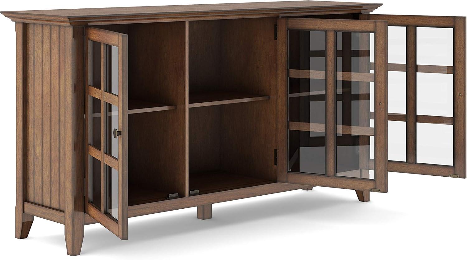Simpli Home Acadian 62"W Solid Wood 3-Shelf Storage Cabinet with Tempered Glass Doors and Adjustable Shelves