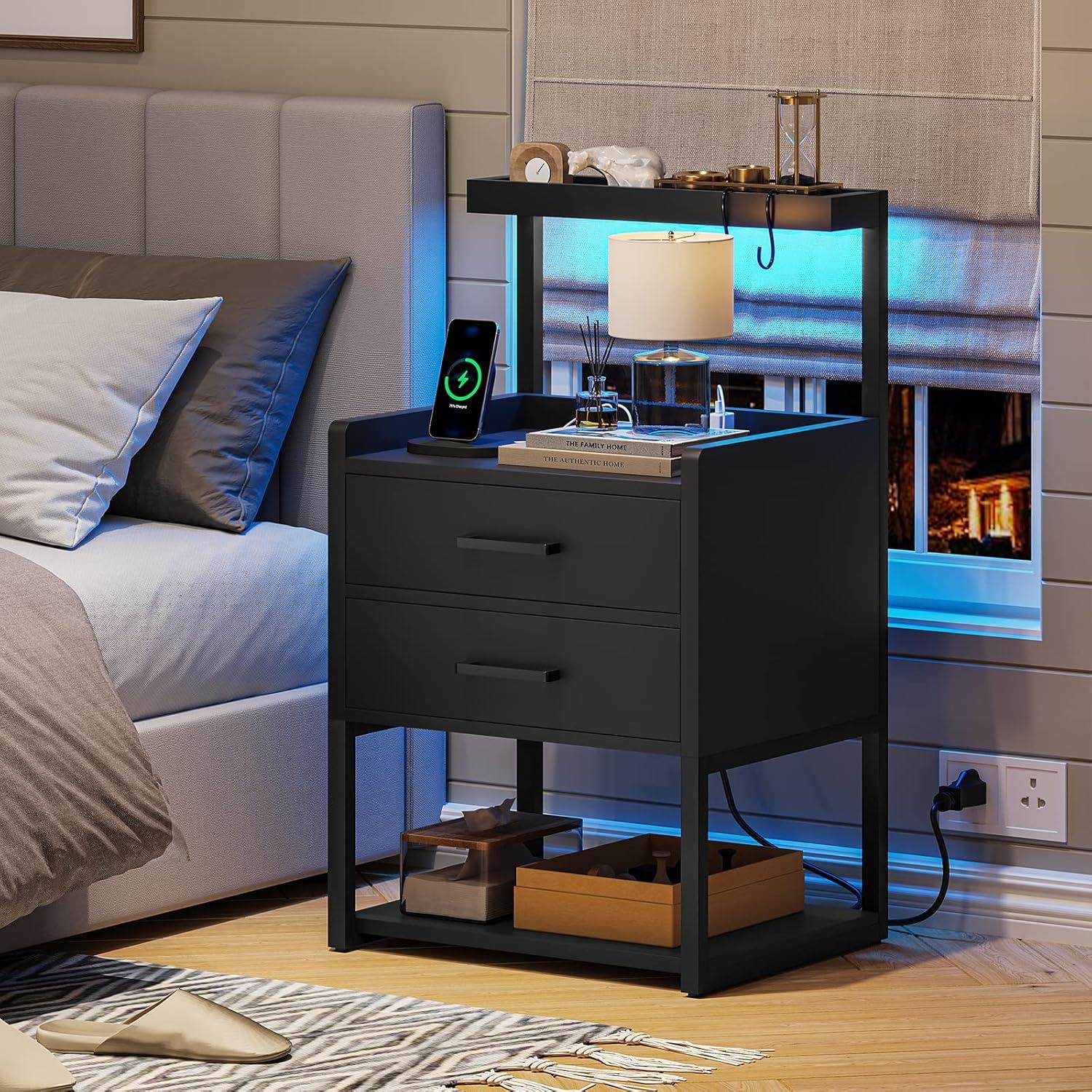 Afuhokles Led Nightstand with Charging Station,2 Drawers Night Stands with Led Lights, Black Bedside Tables with Storage Shelves