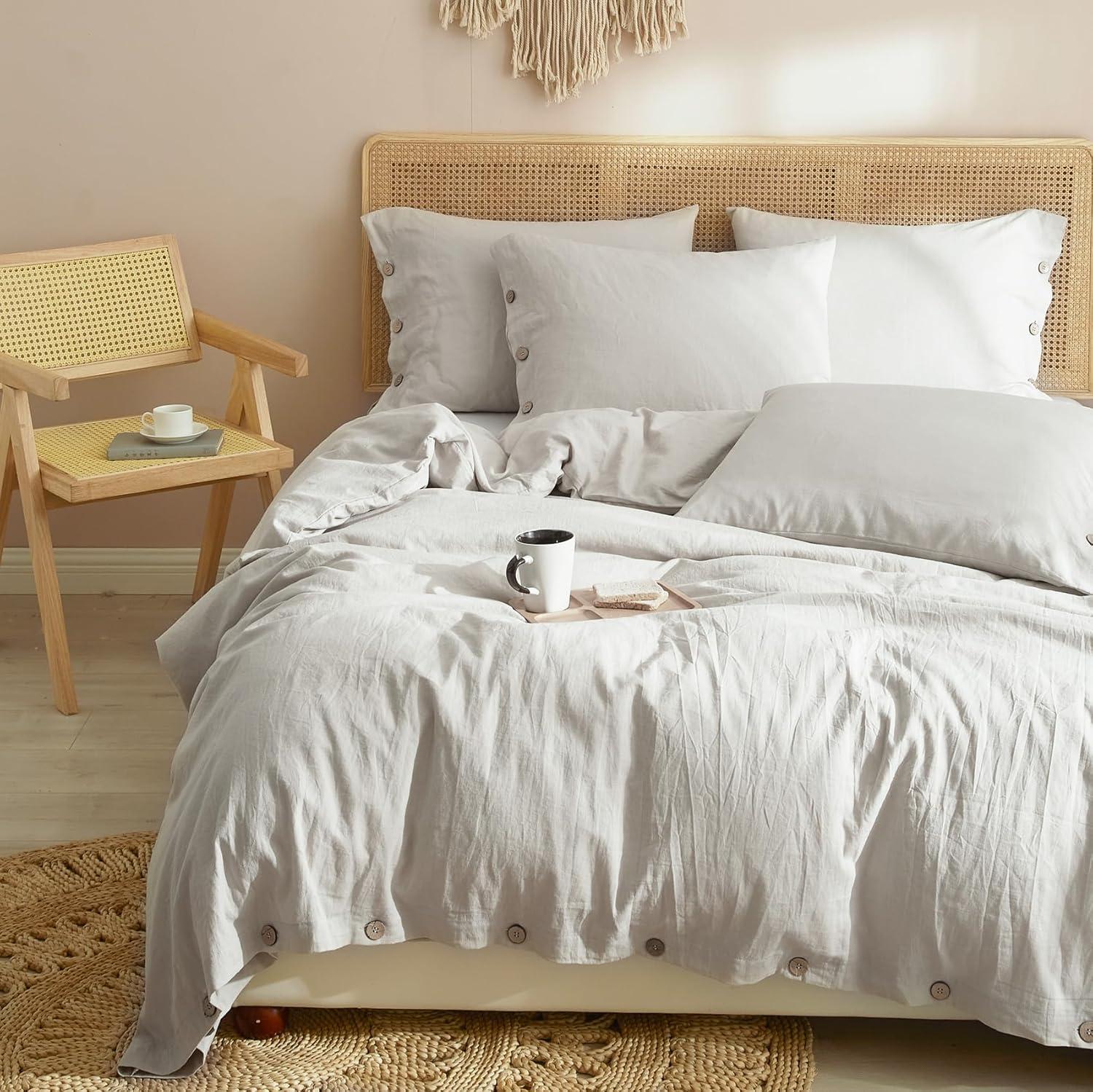 Ivellow Linen Cotton Blend Duvet Cover Set Queen - Jaquard Floral Textured Ultra Soft Breathable Grey Botanical Garden Flower Leaves Branch Bedding Set 3 Pcs