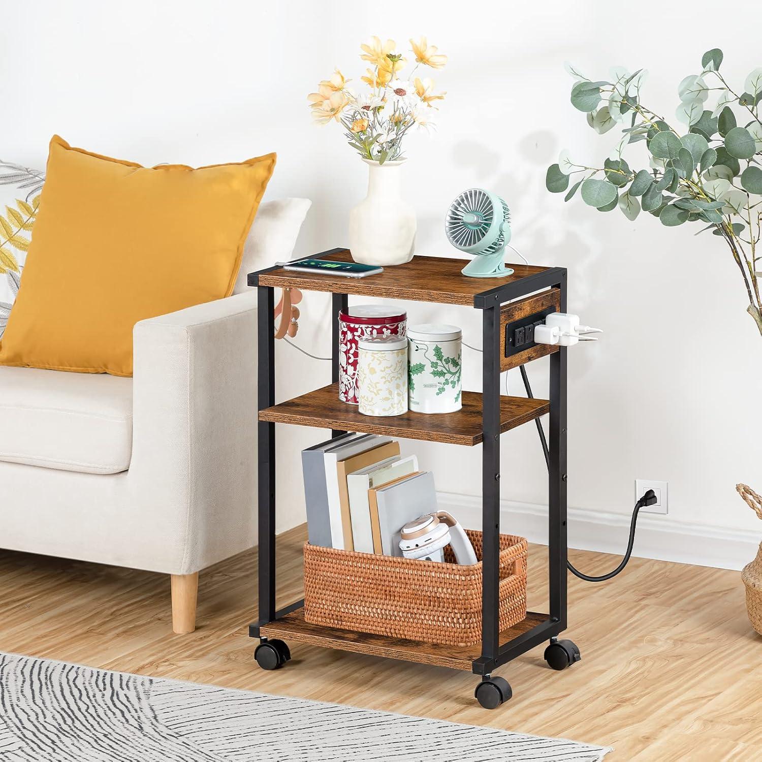 Rustic Brown and Black 3-Tier Industrial Printer Stand with Charging Station