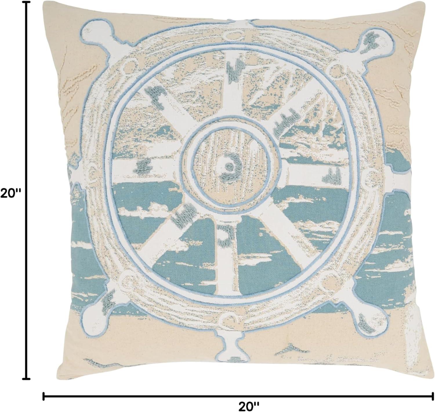 Helm of the Waves Blue Cotton Nautical Throw Pillow, 20"x20"