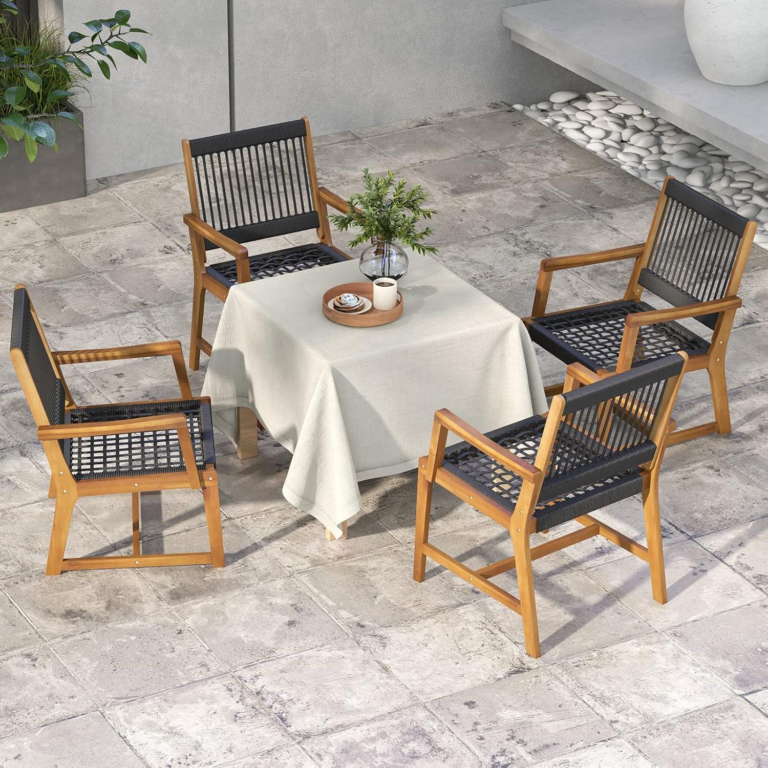 Set of 2 Black Rope Woven Acacia Wood Dining Chairs