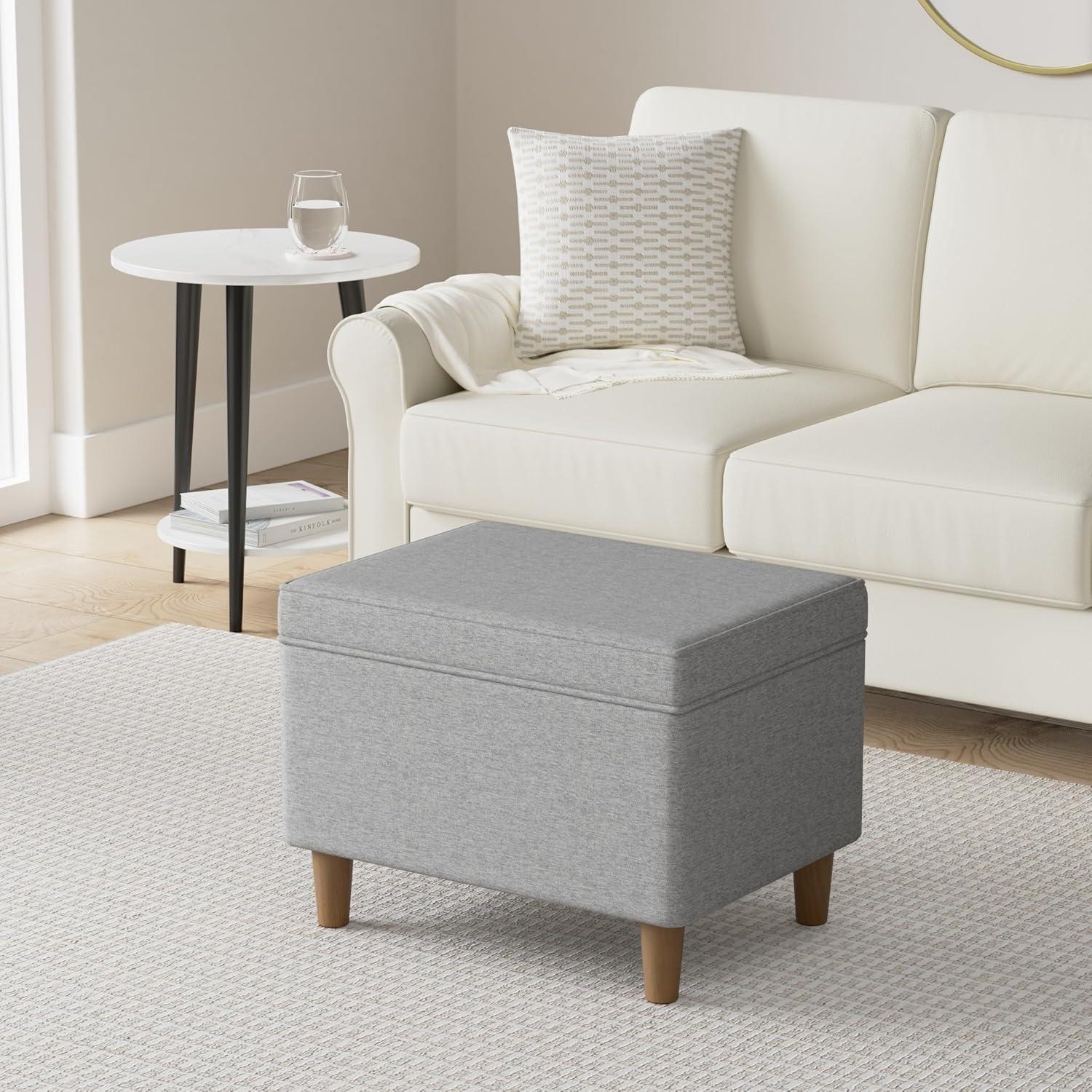 Gray Woven Fabric Storage Ottoman with Wooden Legs