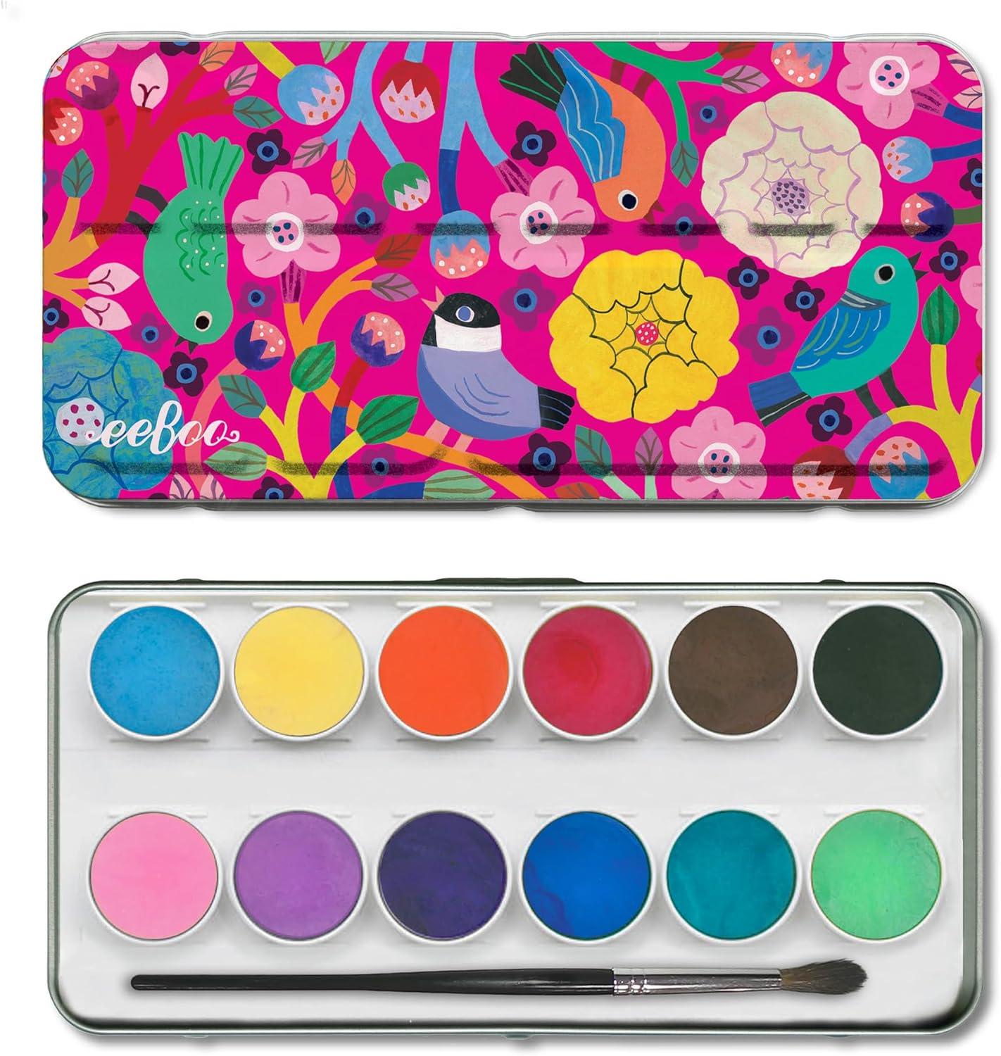eeBoo: Birds in Fuchsia 12 Watercolors - Paint Set w Brush, Beautiful Design Tin Box, 12 Vibrant Colors, Kids Art Supplies, Ages 3+