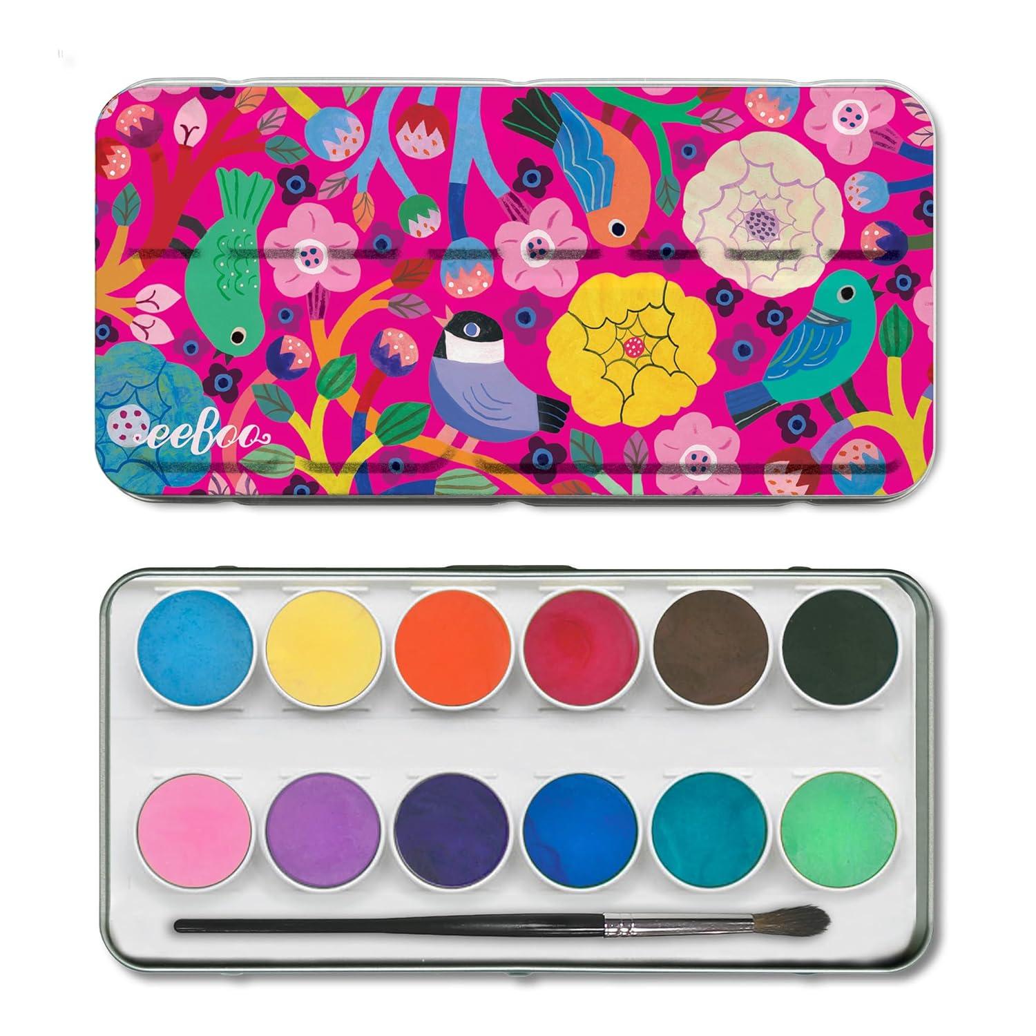 eeBoo: Birds in Fuchsia 12 Watercolors - Paint Set w Brush, Beautiful Design Tin Box, 12 Vibrant Colors, Kids Art Supplies, Ages 3+