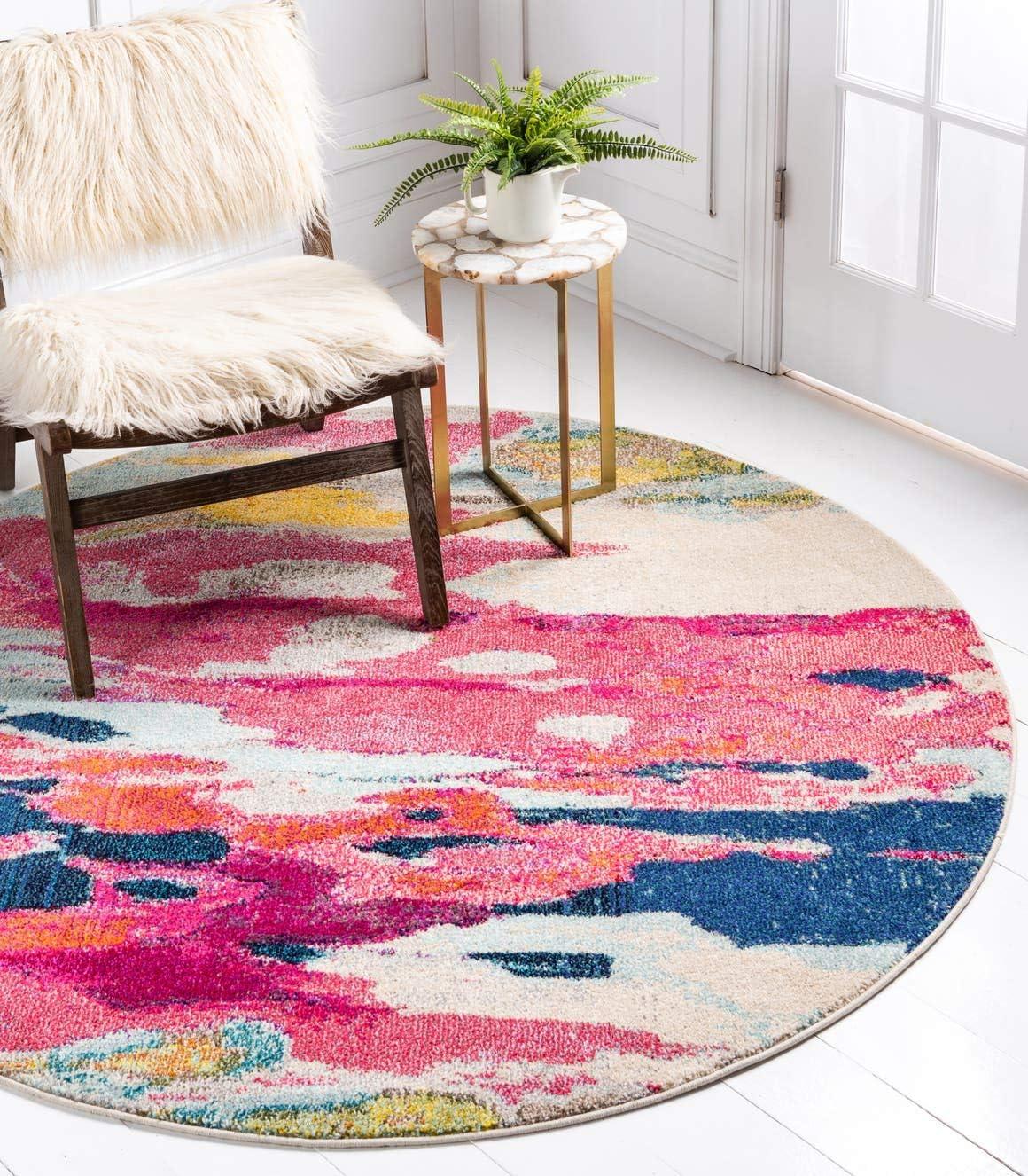 Vibrant Abstract Round Synthetic Rug in Pink & Blue, 6ft