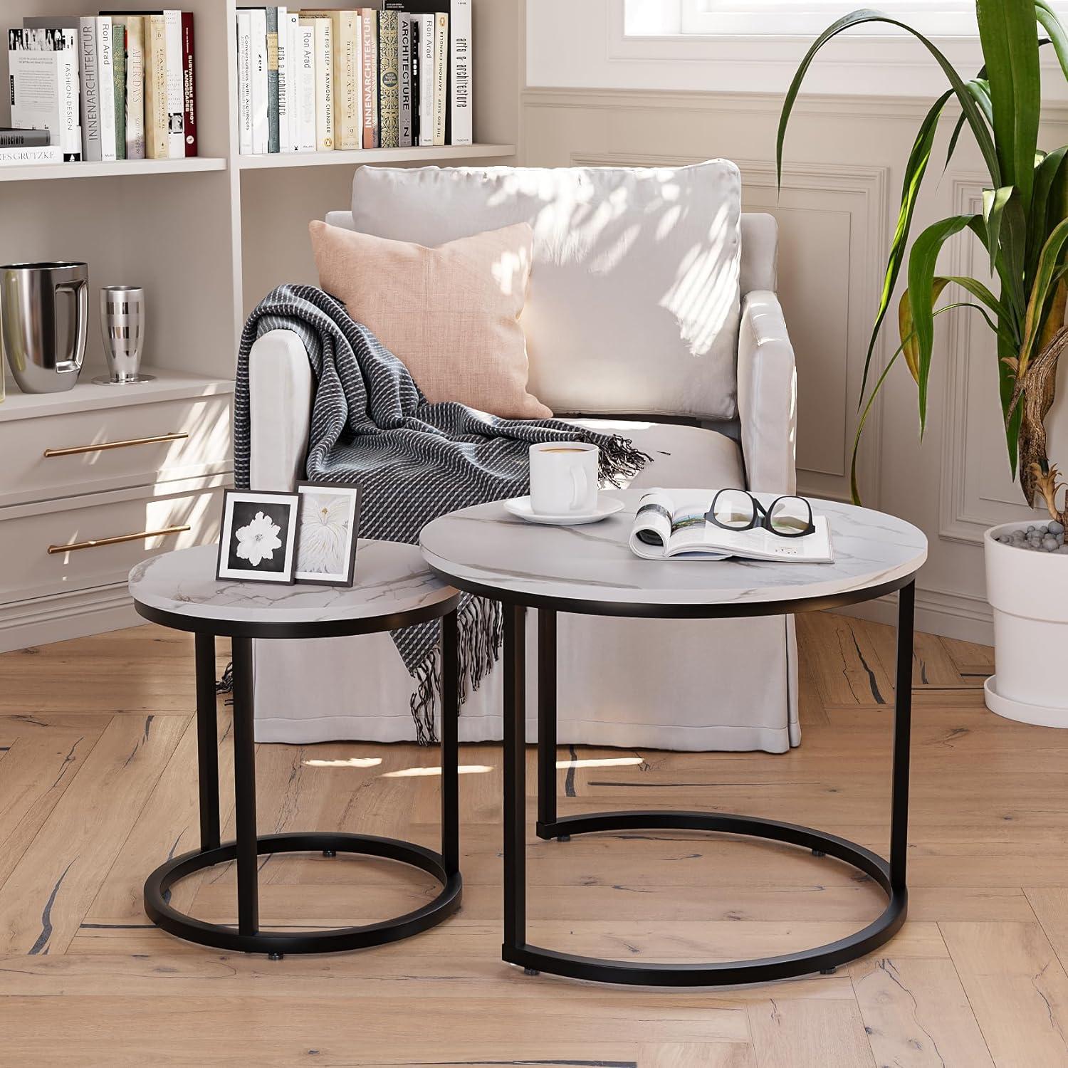 White Nesting Coffee Table Set of 2, 23.6" Round Coffee Table Wood Grain Top with Adjustable Non-Slip Feet, Industrial End Table Side Tables for Living Room Bedroom Balcony Yard