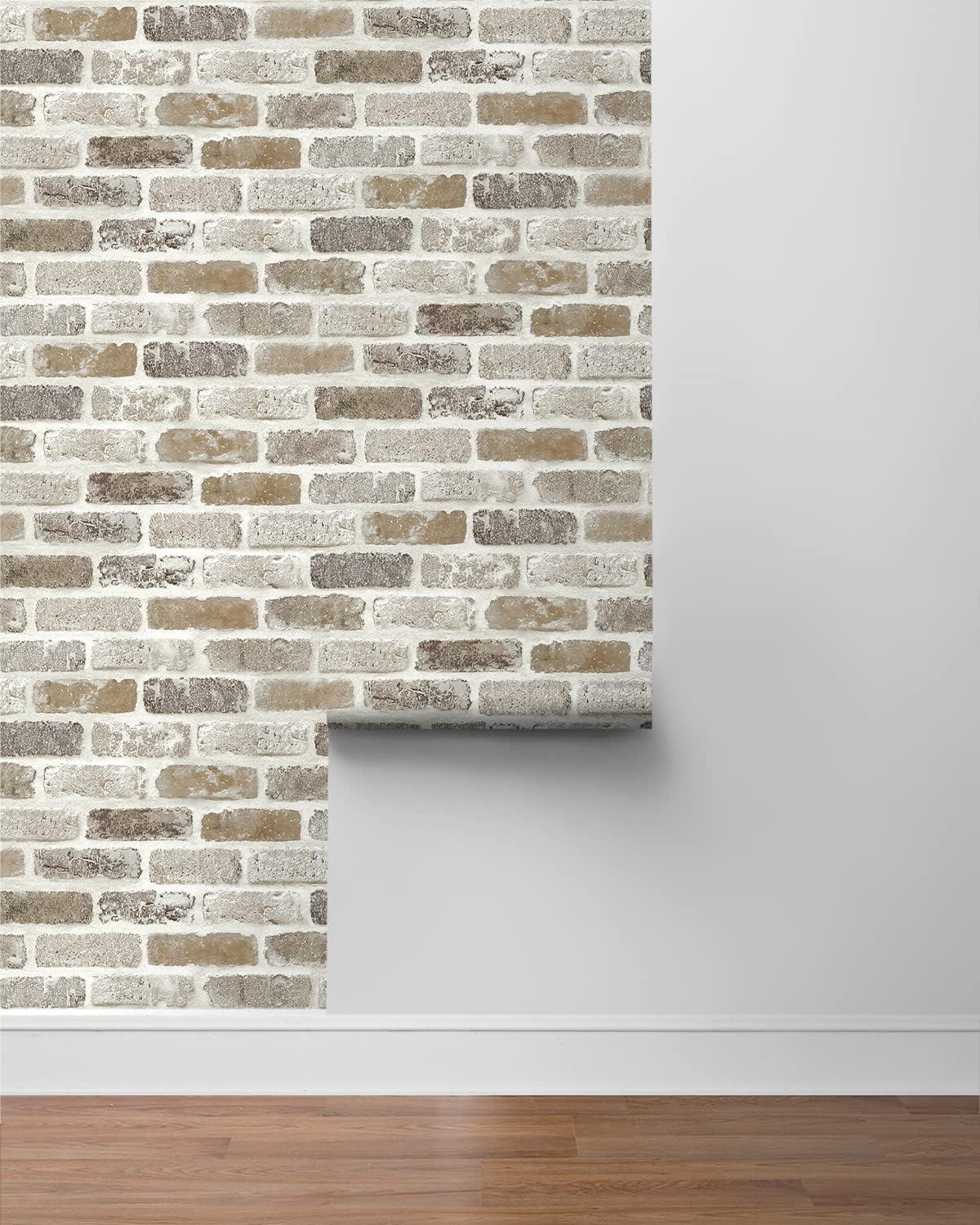 NextWall  Washed Brick Peel and Stick Removable Wallpaper Tanned Leather & Pewter