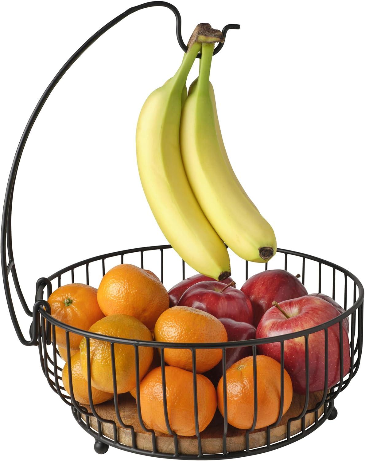 Black Iron and Mango Wood Fruit Basket with Banana Hook