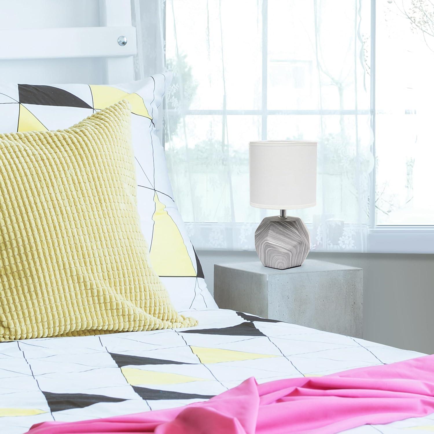 Simple Designs 10.24" Round Geometric Prism Mini Table Lamp with Matching Fabric Shade (Includes LED Light Bulb) Gray/White