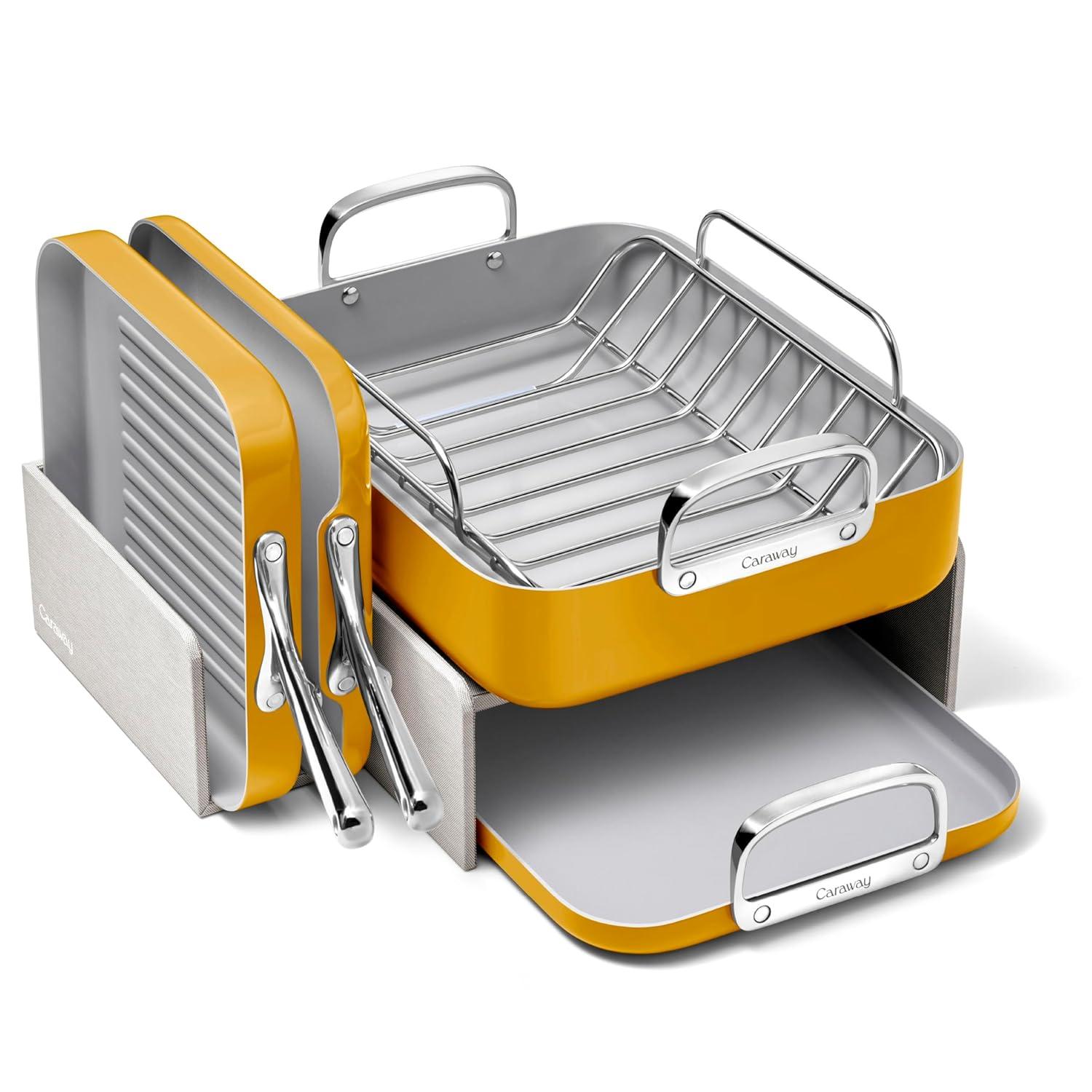 Caraway Home 7pc Square Cookware Set Marigold: Nonstick Ceramic, Silicone Polyester, Electric & Gas Compatible