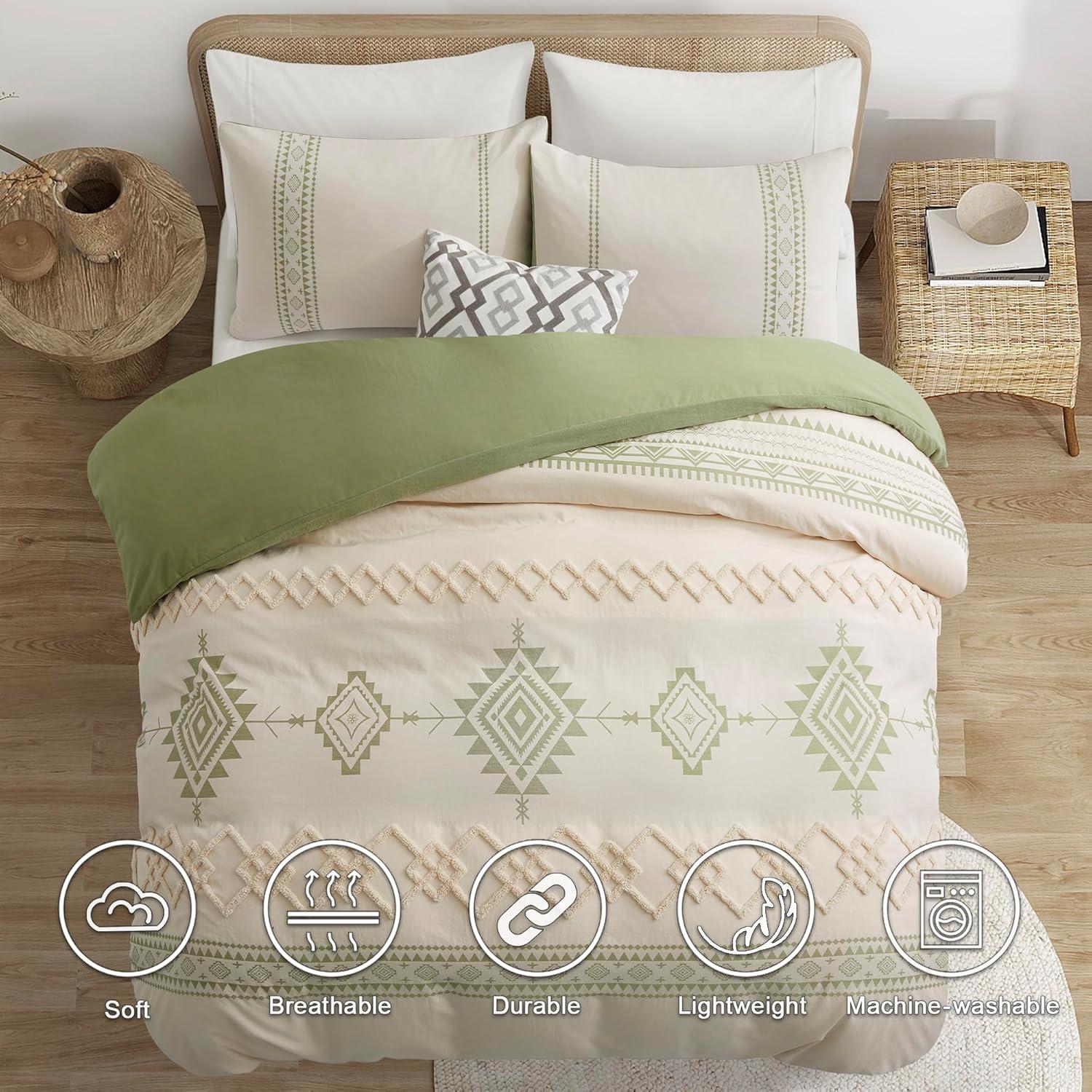 Oli Anderson Boho Duvet Cover Set Queen Size, Beige and Sage Green Color Clash 3 Pieces Microfiber Bedding Set, Durable and Super Soft Duvet Covers with Zipper and Ties, 90"*90"