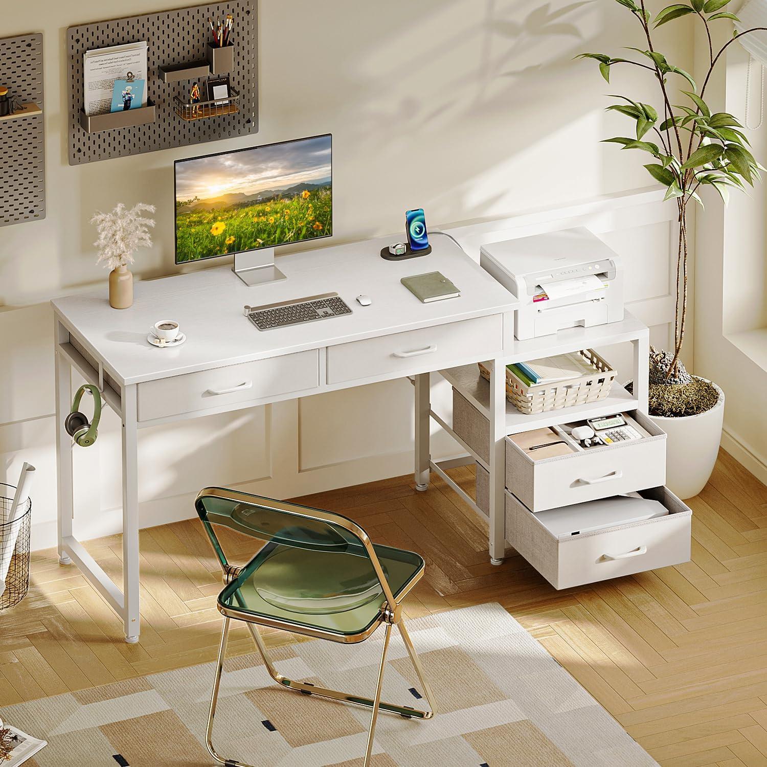 AODK Computer Desk with 4 Drawers & Power Outlet, 53 Inch Reversible Home Office Desk with Printer Stand, Small Desk with Storage Shelf, Study Writing Work Table for Bedroom, Vanity Desk, White