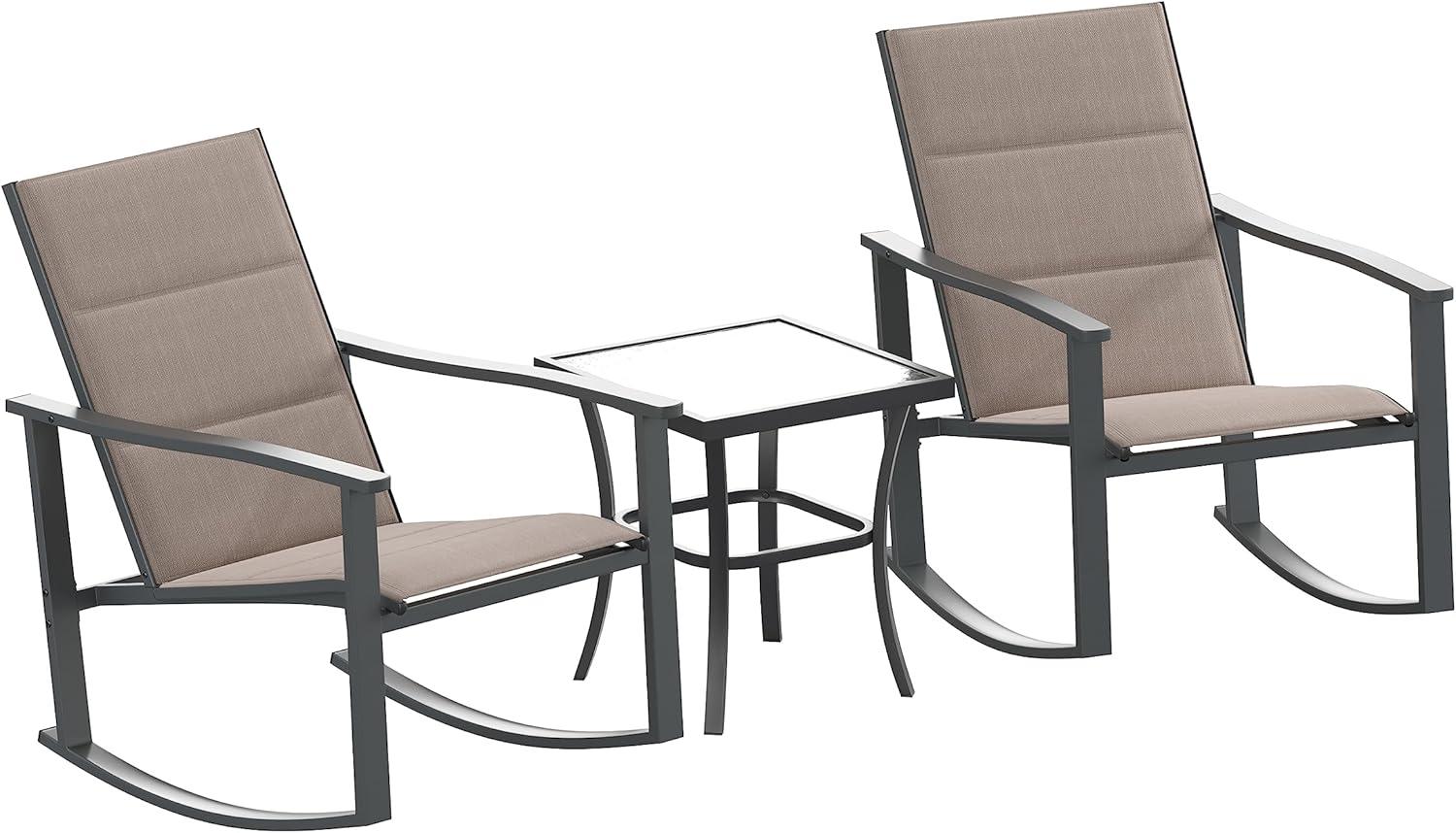 Flash Furniture Brazos 3 Piece Outdoor Rocking Chair Bistro Set with Flex Comfort Material and Steel Framed Glass Top Table, Brown/Black