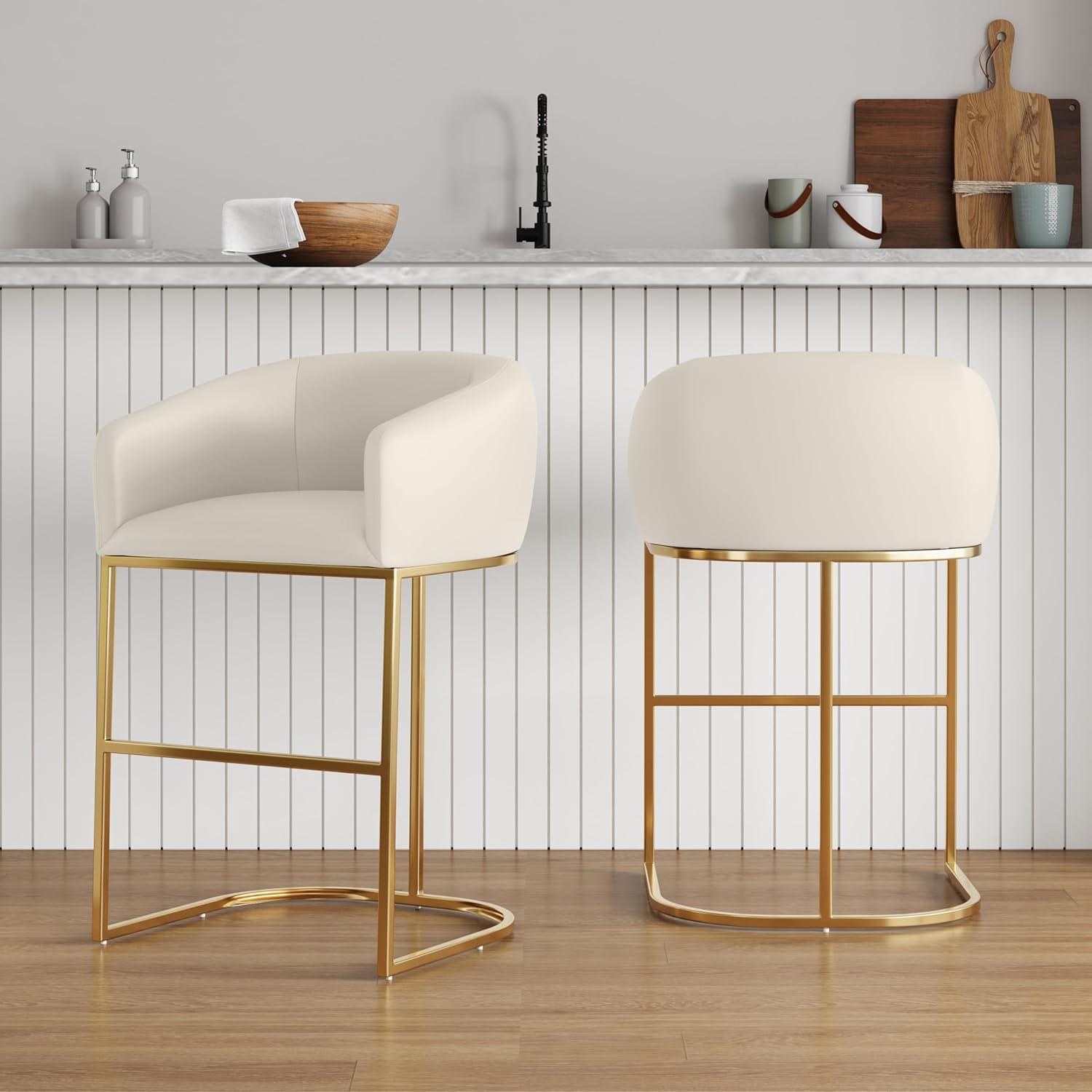 Manhattan Comfort Set of 3 Louvre Upholstered Stainless Steel Counter Height Barstools Cream: Faux Leather, Armrests, Footrest