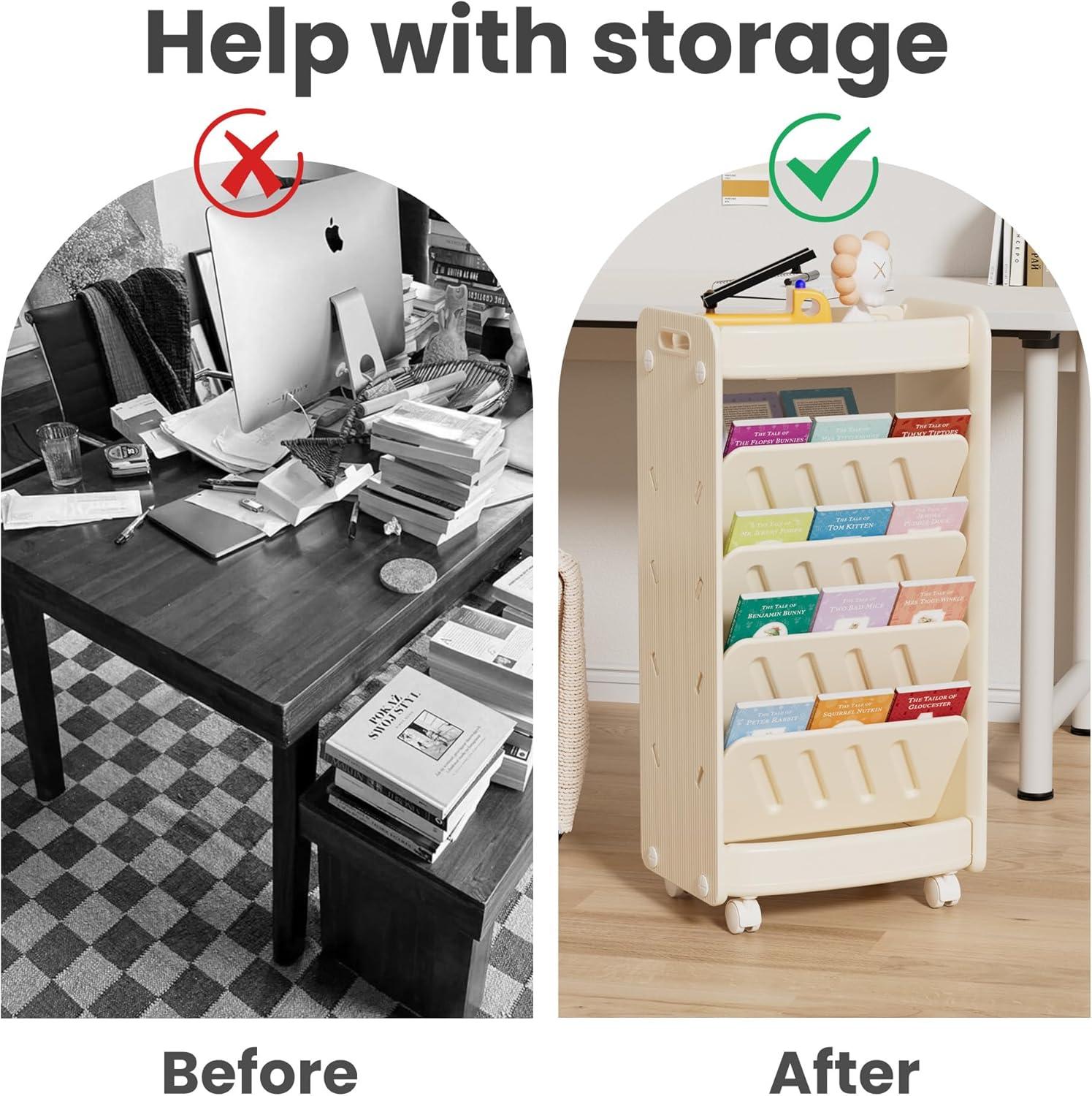 hoopyosms 6-Tier Double-Sided Kids Bookshelf With Wheels, Slanted Shelves & HDPE Material - Beige, Mobile Book Storage For Bedroom Or Playroom