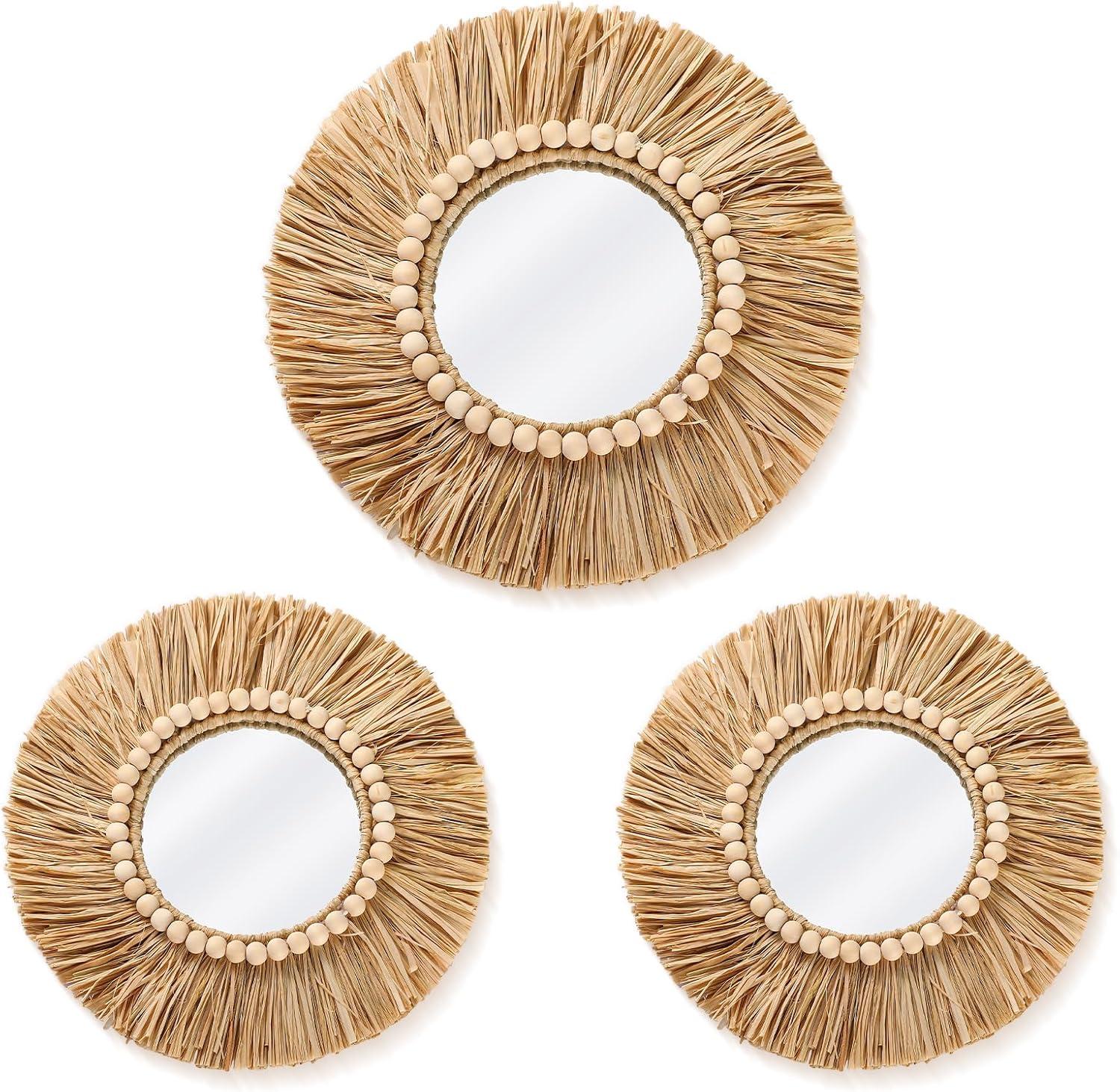 Natural Raffia and Bead Round Wall Mirrors Set