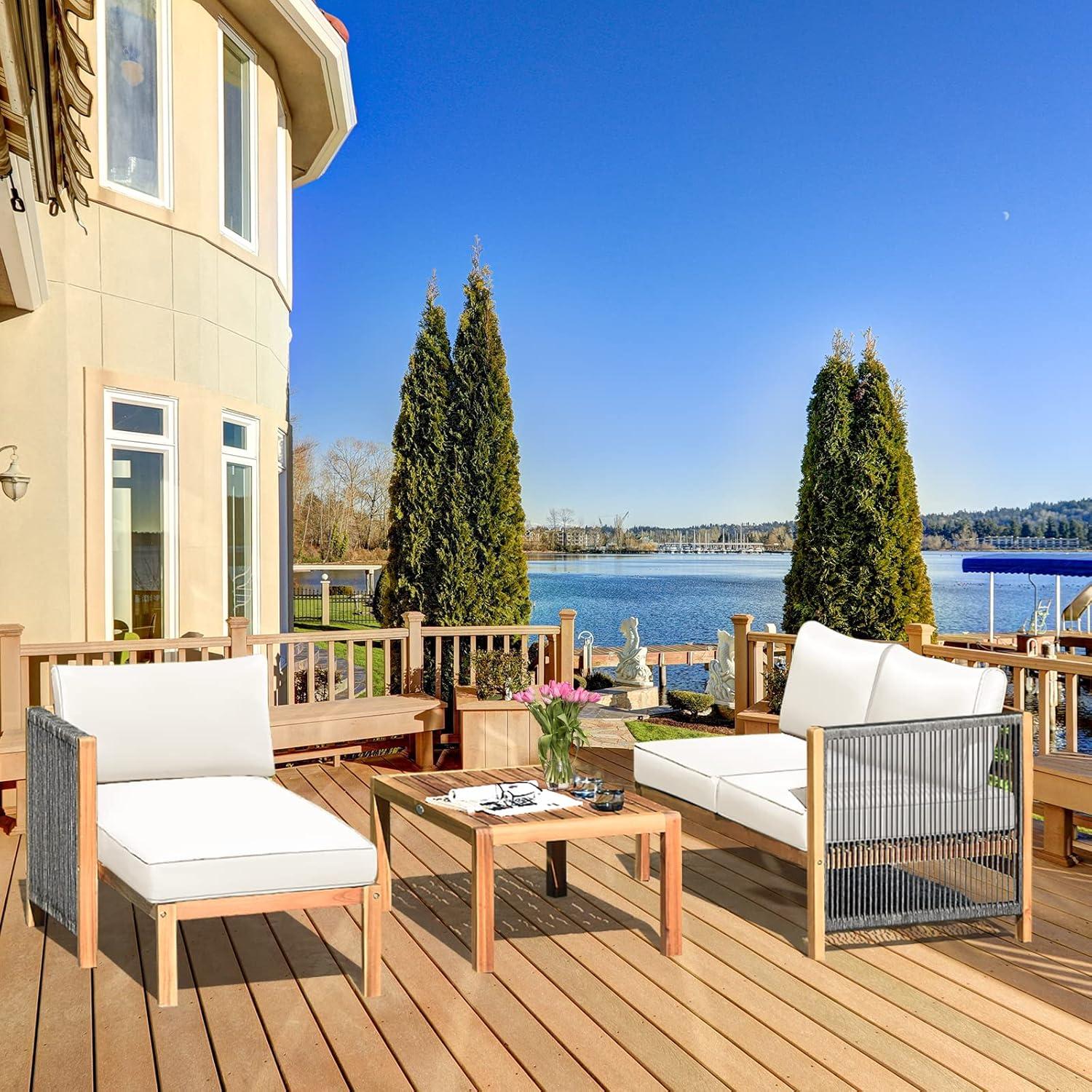 Topcobe 3 Piece Patio Acacia Sofa Set with Nylon Armrest, Outdoor Furniture, White