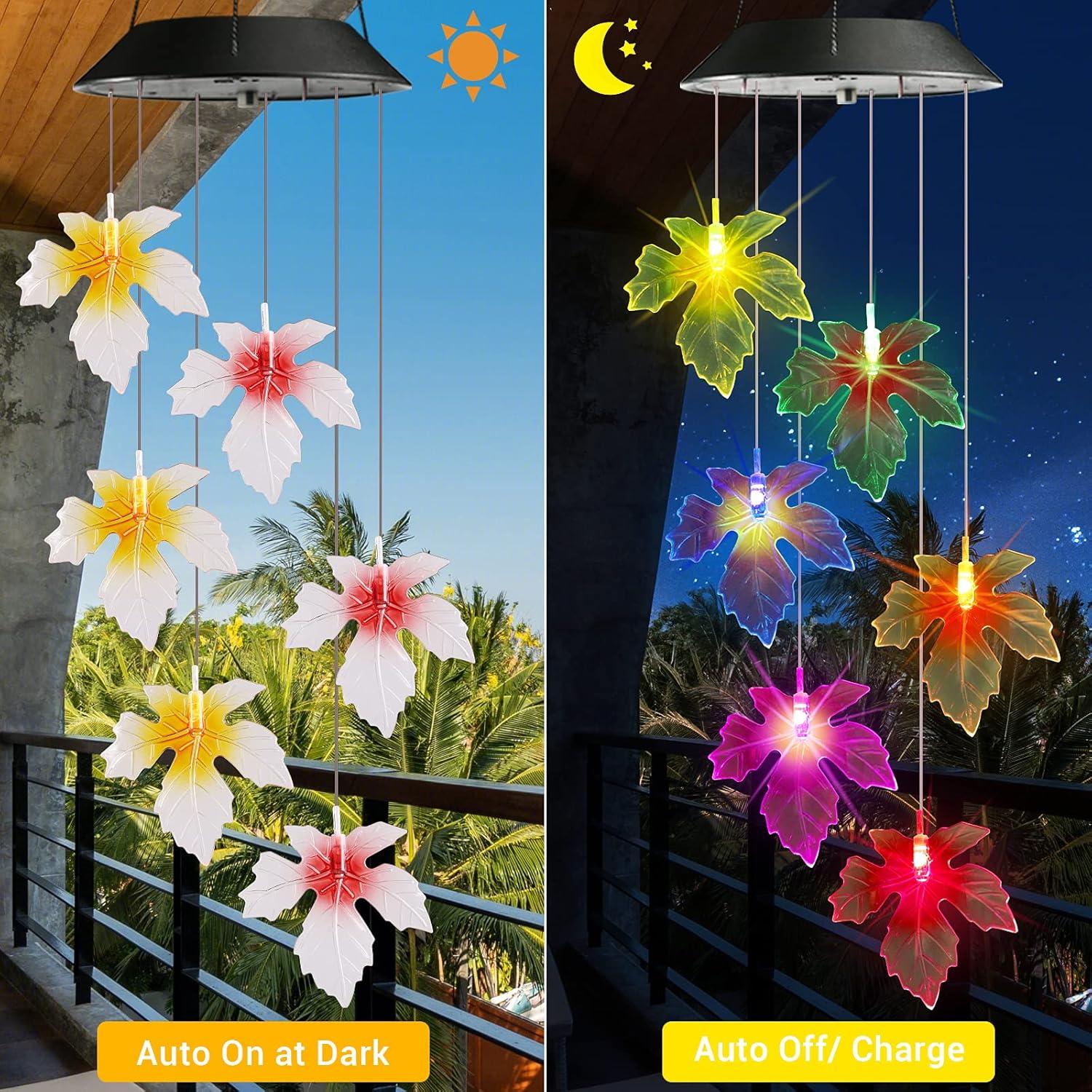 Colorful Solar Maple Leaf LED Wind Chimes for Outdoor Decor