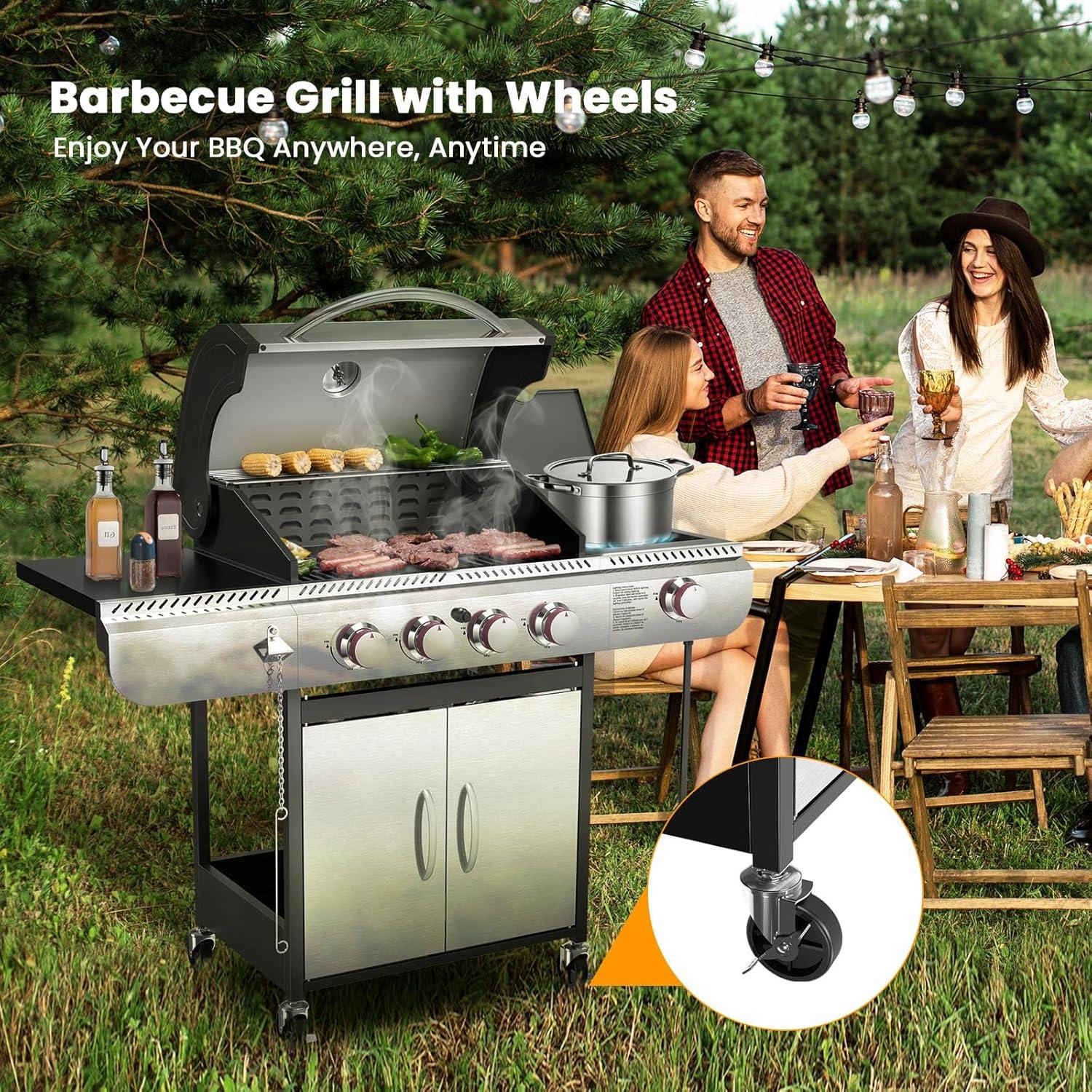 Auseo 4 Burner Propane Gas Grill with Side Burner, Portable Outdoor Barbecue Cooking Stainless BBQ, 42,000 BTU