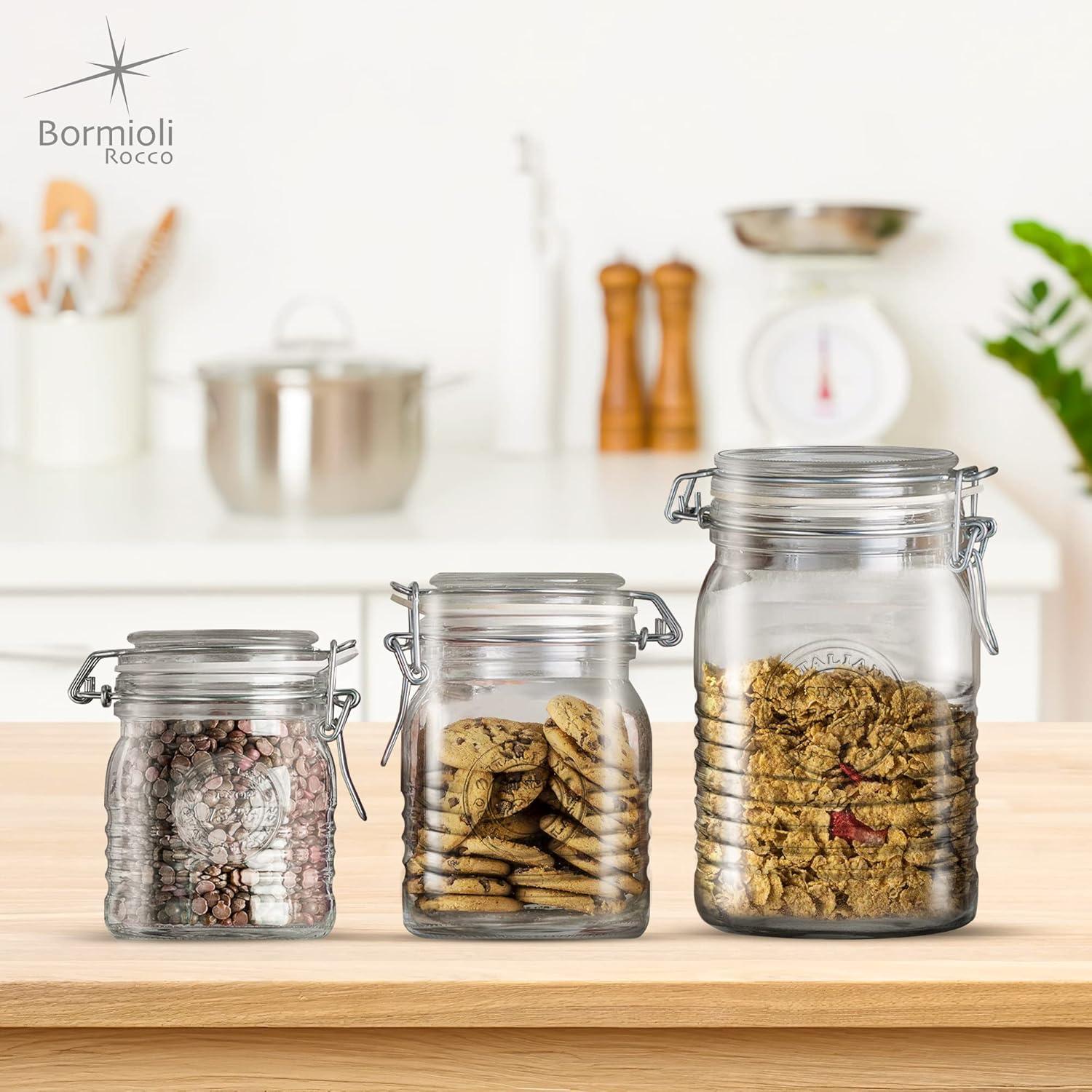 Bormioli Rocco Officina 1825 Variety Pack, Set Of 3 Glass Jars, Wide Opening, With Airtight Hinged Lid, clear