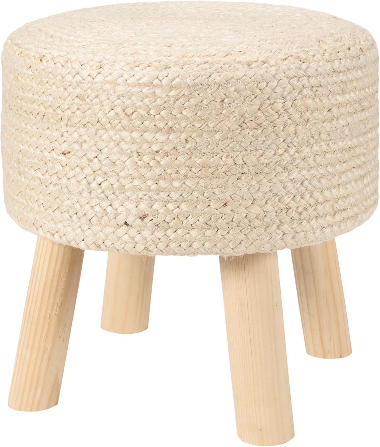 Cream Round Jute Pouf with Wooden Legs