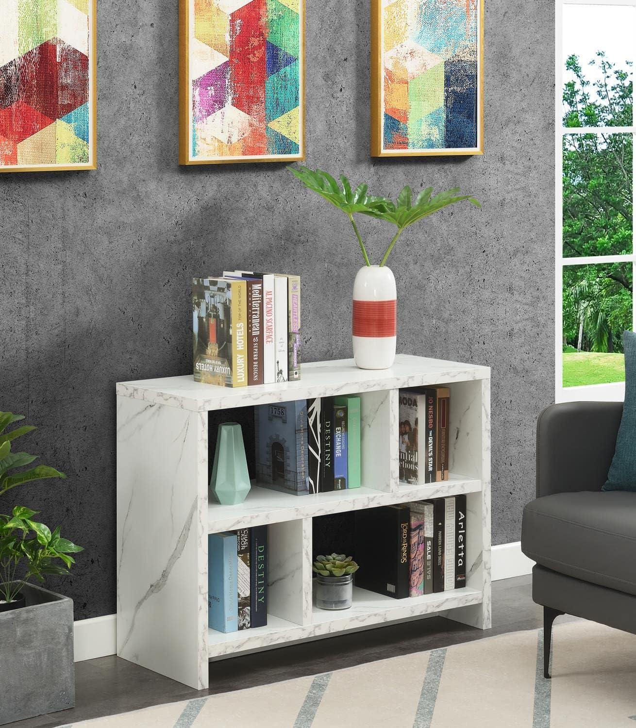 Northfield Console Three-Tier Bookcase in White Faux Marble Wood Finish