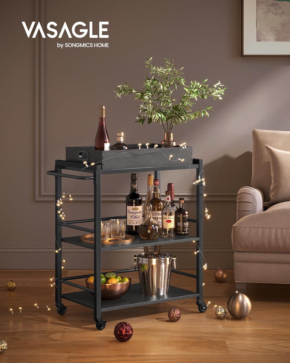 VASAGLE 3-Tier Bar Cart, Home Serving Cart with Removable Tray and Storage Shelves, Gray and Black