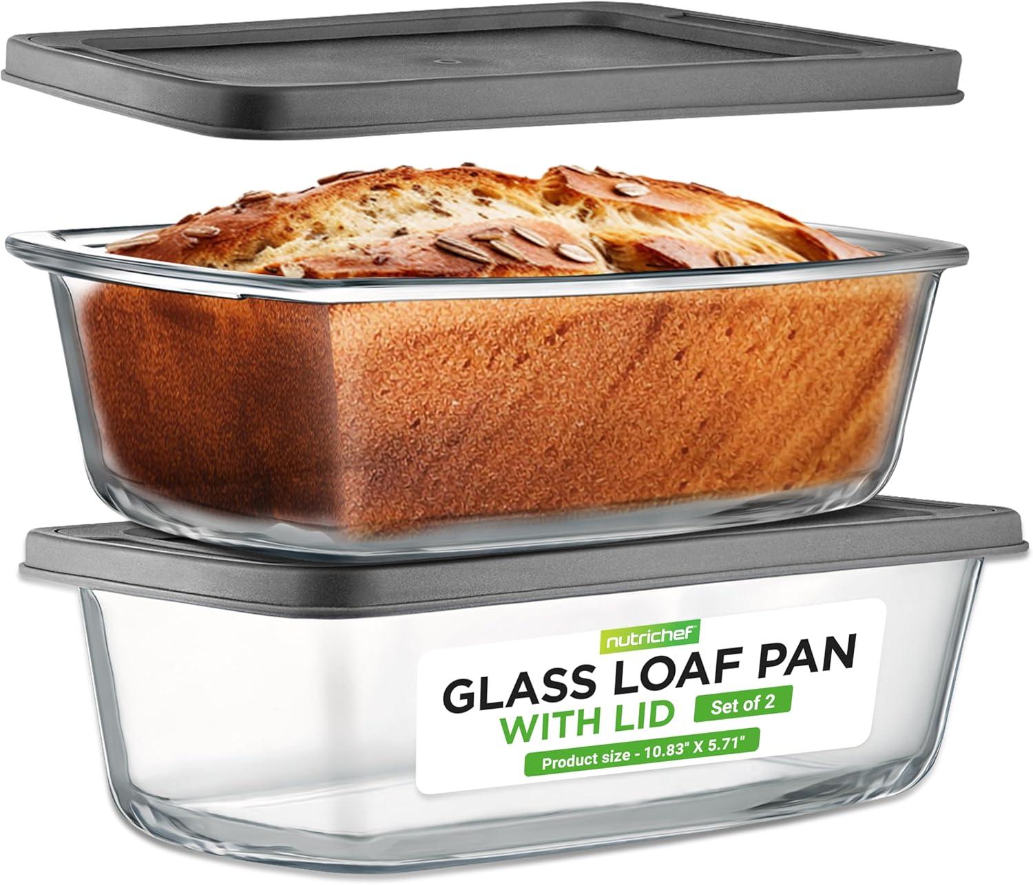 NutriChef Clear Glass Meal Prep Loaf Pan Set with BPA-Free Lid