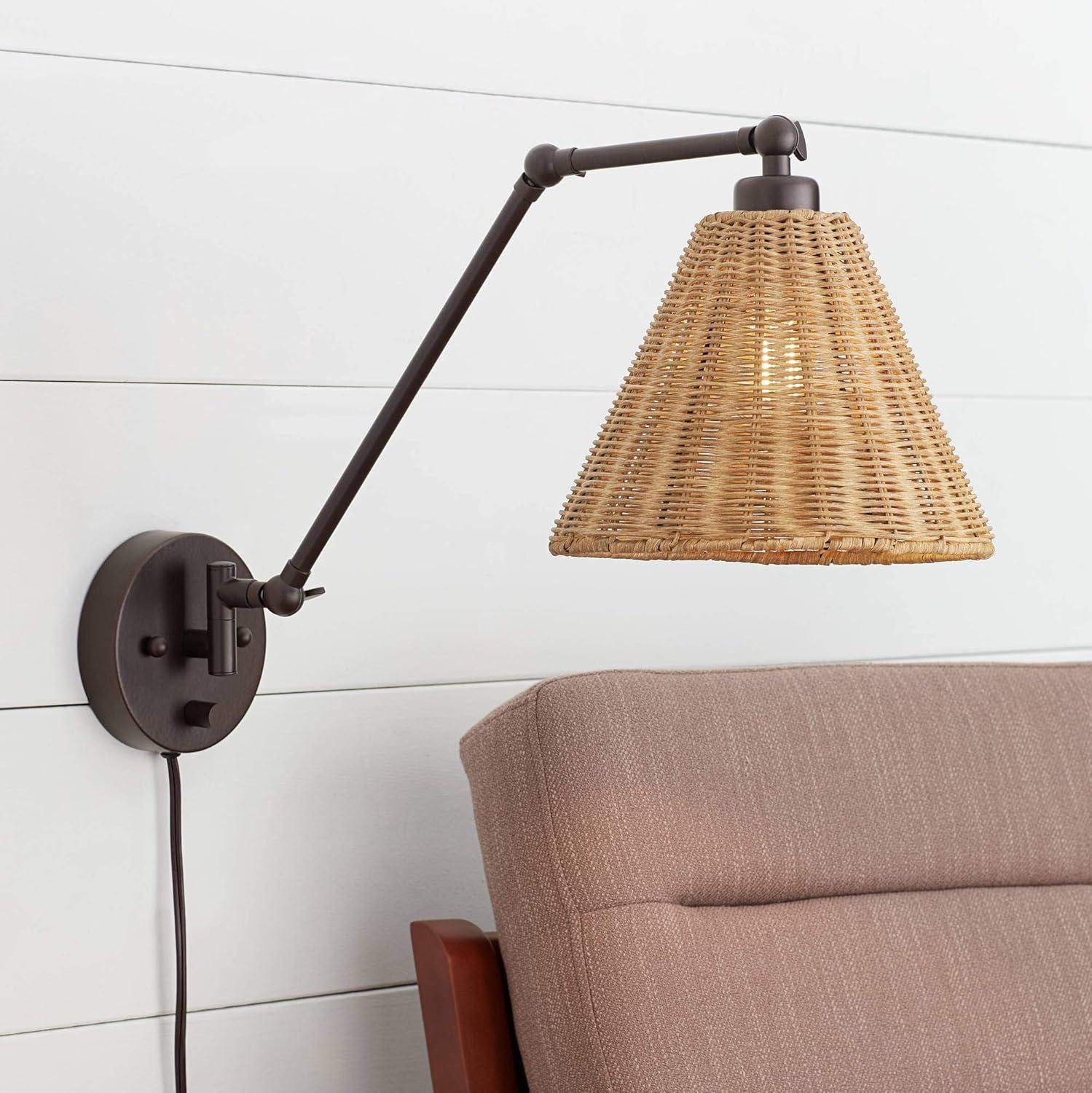Barnes and Ivy Mid Century Modern Swing Arm Wall Lamps Set of 2 Bronze Plug-In Light Fixture Natural Rattan Shade for Bedroom Bedside House