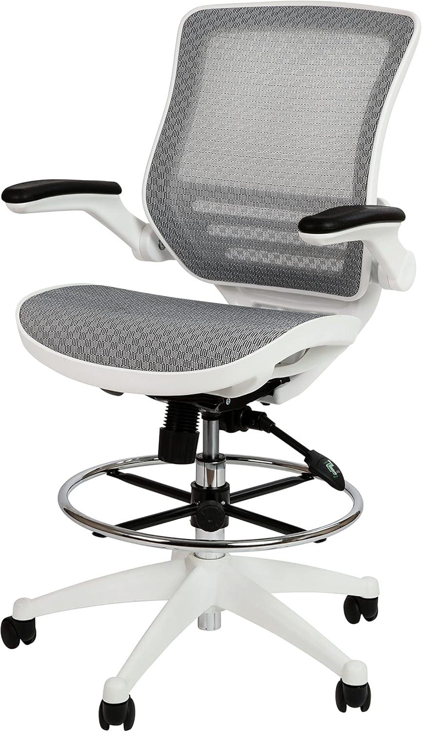 Emma and Oliver Mid-Back Transparent Mesh Drafting Chair with Flip-Up Arms