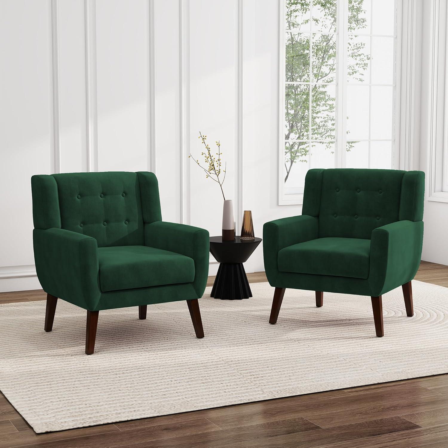 DREAMSIDEA Modern Button Tufted Accent Chair Set of 2 Upholstered Armchair Indoor,Velvet Living Room Chair for Bedroom, Retro Green