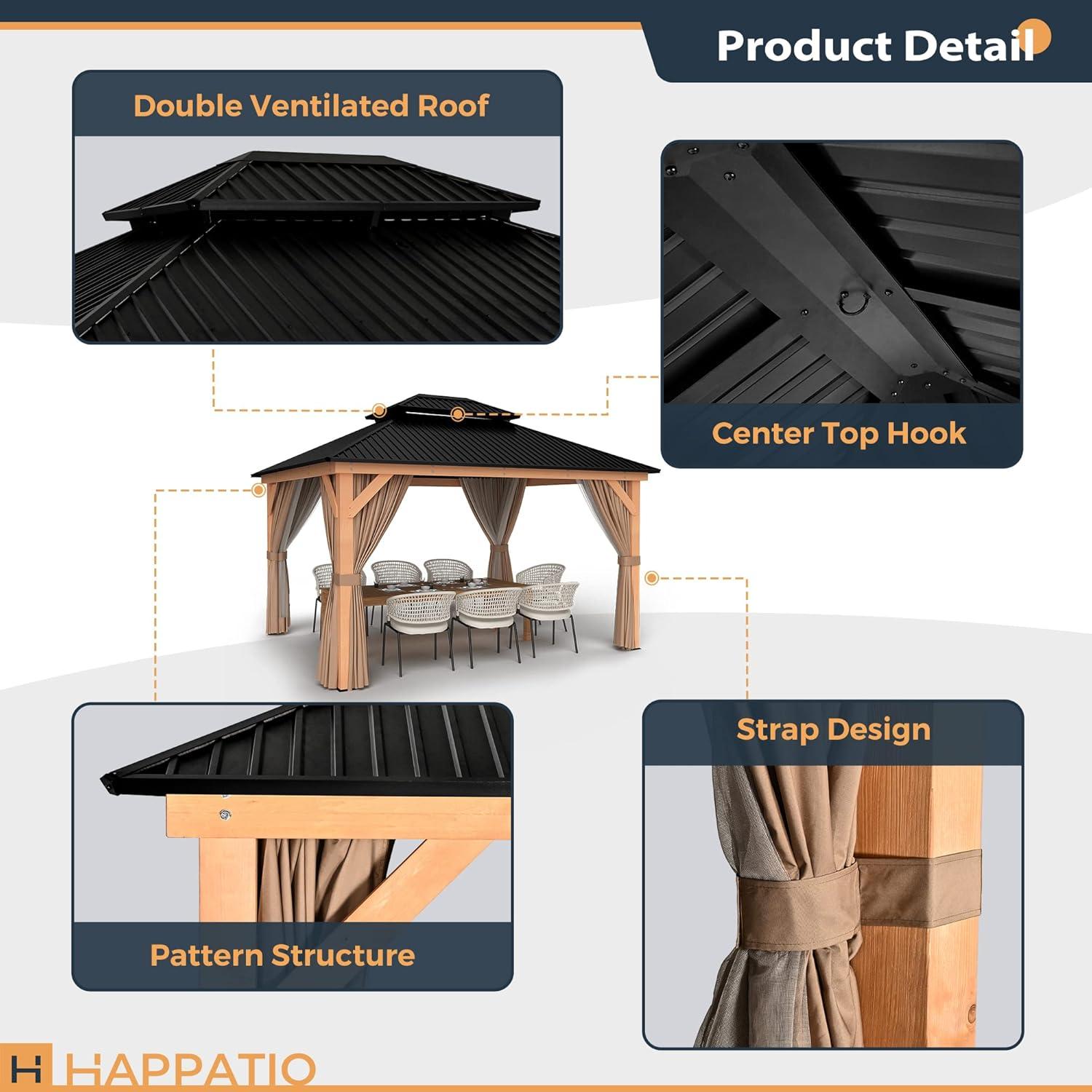 11' x 13' Black Metal Roof Wood Patio Gazebo