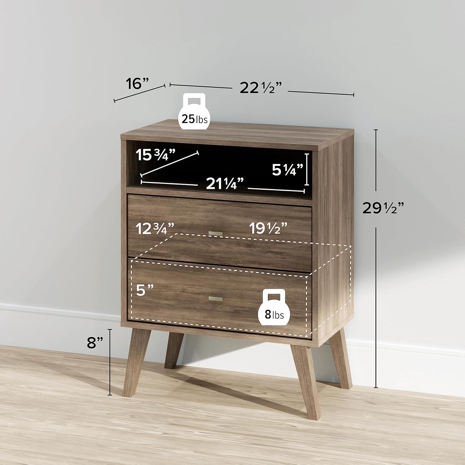 Mid Century Modern 2 Drawer Tall Nightstand with Shelf - Prepac