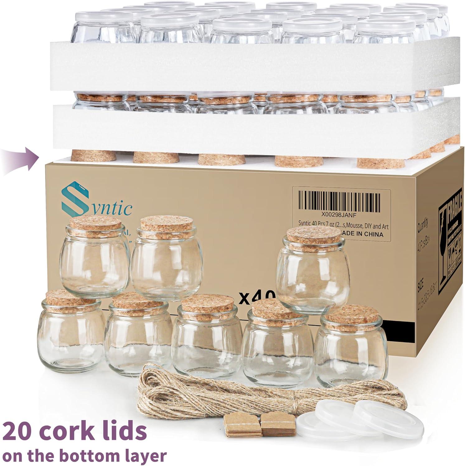40 Pack Syntic 7oz Thick Candle Jars for Making Candles, Empty Container with with Cork Lids, PE Lids for Gift Favors, Party decorate Clear