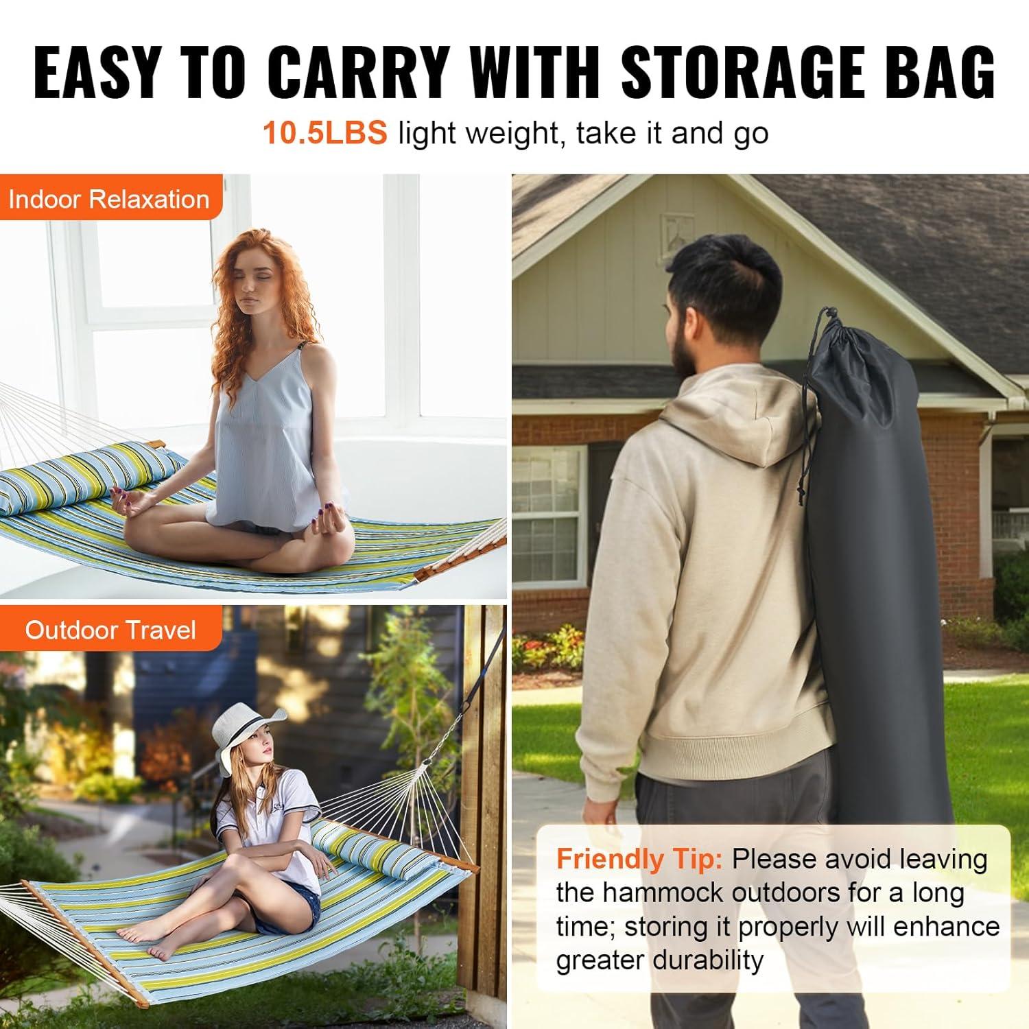 Double Quilted Fabric Hammock 12 ft. Double Hammock with Hardwood Spreader Bars 2 Person Quilted Hammock