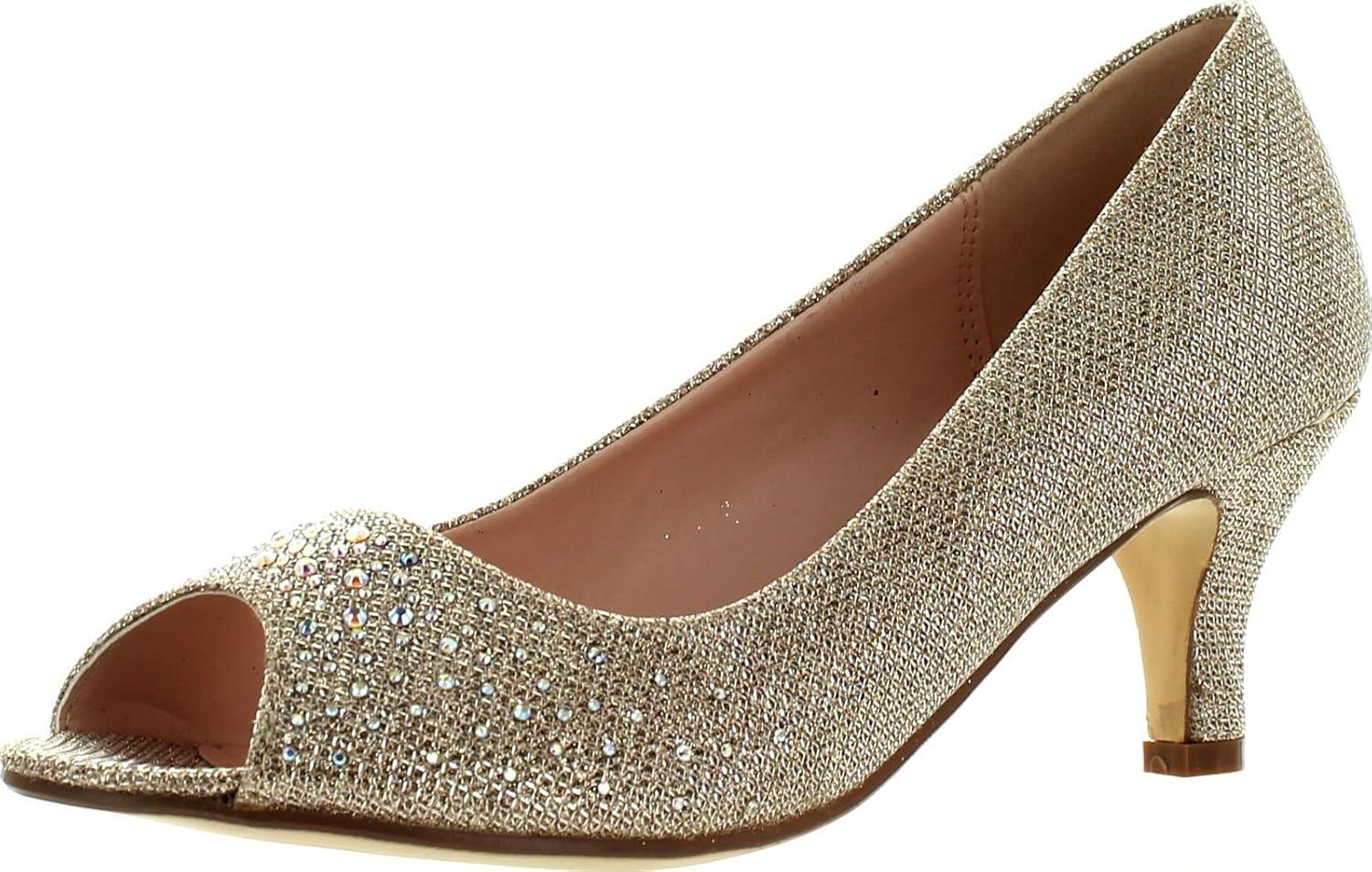 Champagne Glitter Faux Leather Open-Toe Low Heel Pumps