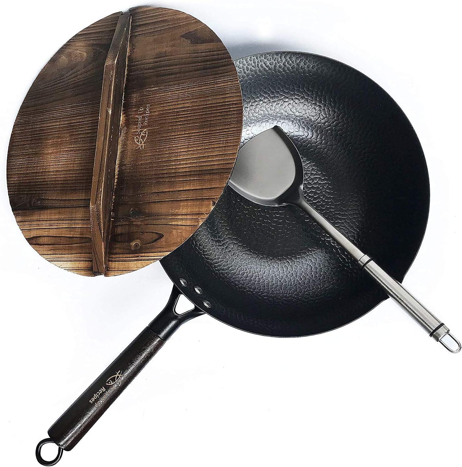 12.5-Inch Black Carbon Steel Wok with Wooden Lid and Spatula