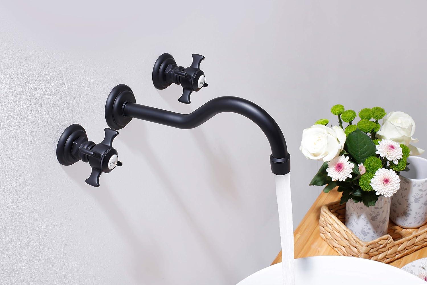 Matte Black Vintage Wall-Mounted Bathroom Faucet with Cross Handles