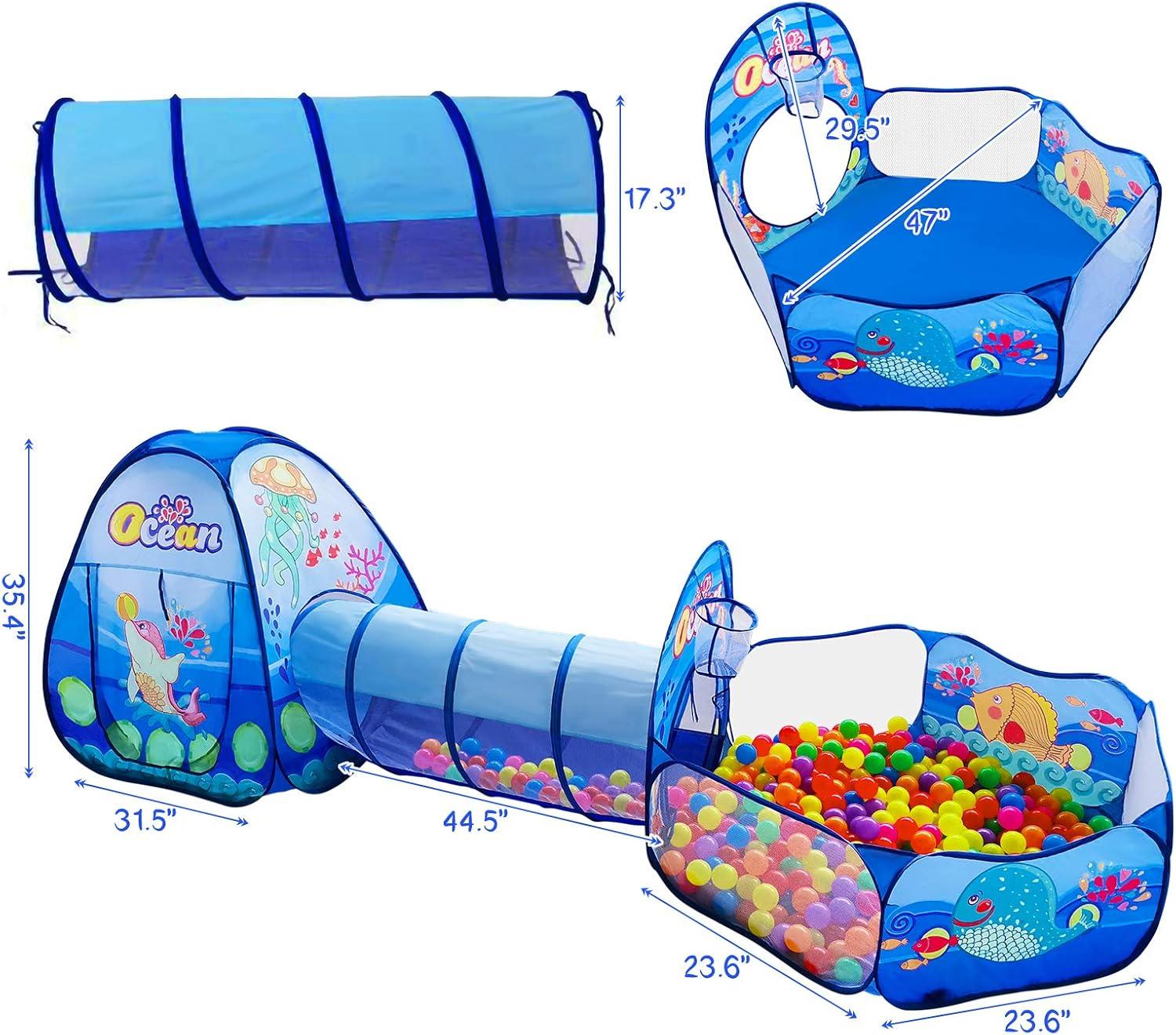 Blue Ocean 3-Piece Kids Play Tent with Tunnel and Ball Pit