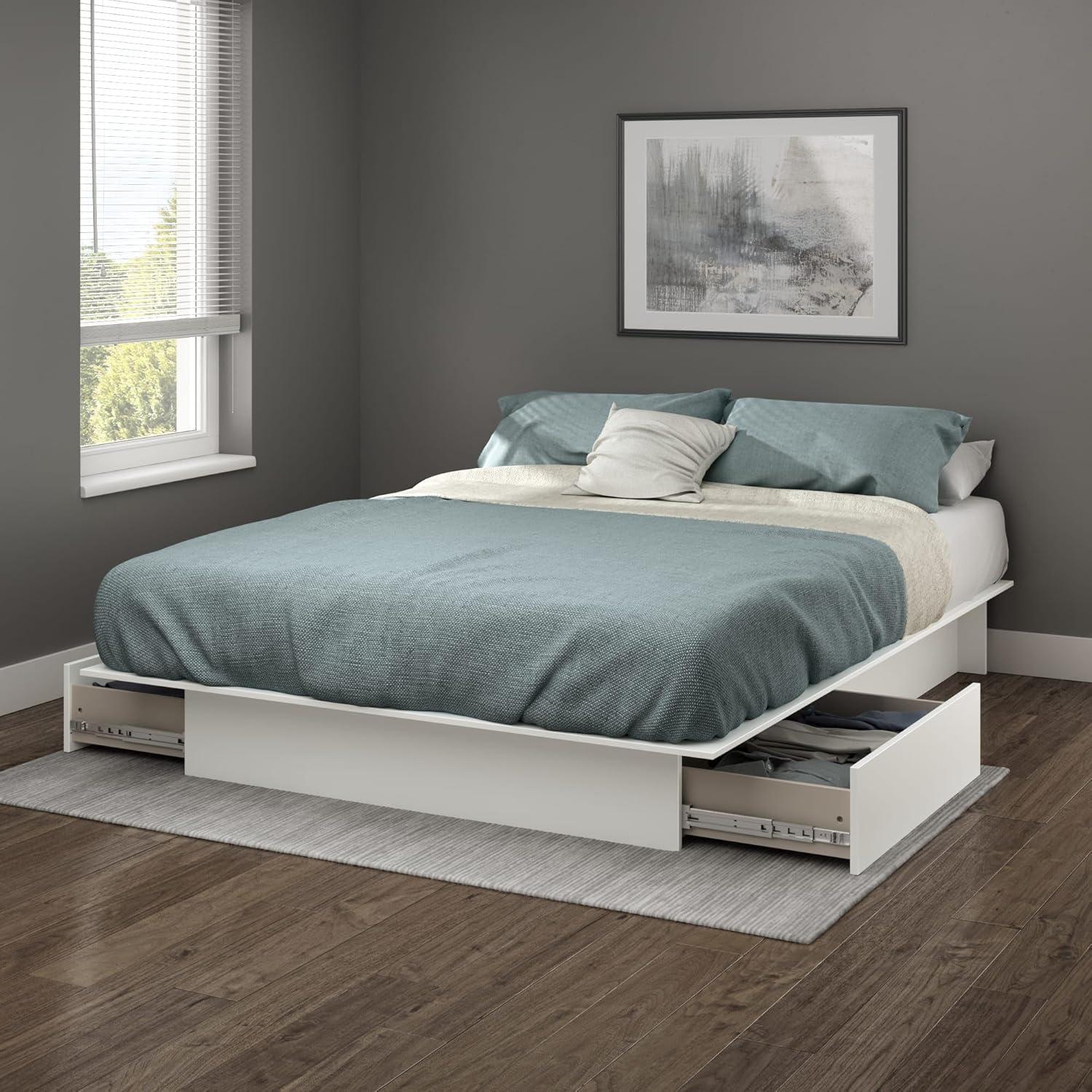 Queen White Wood Platform Bed with Storage Drawers