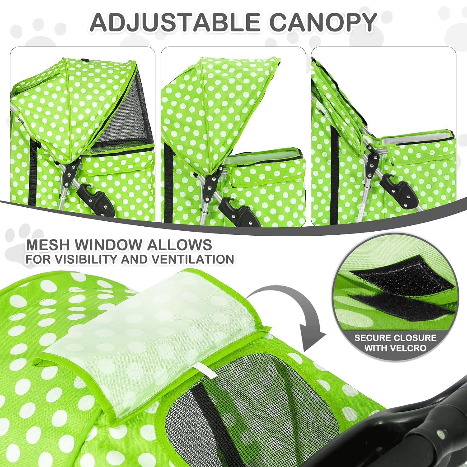 MoNiBloom 3 Wheel Folding Pet Dog Stroller, Foldable Lightweight Trolley with Storage Basket, Cup Holder and 360° Rotating Front Wheel for Small Medium Dogs, Lawn Green with White Polka Dots