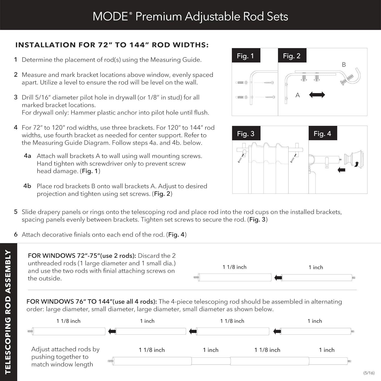 MODE Mode Premium Collection 1 1/8 in Diameter Curtain Rod, Cylinder Finials and Steel Wall Mounted Adjustable Rod